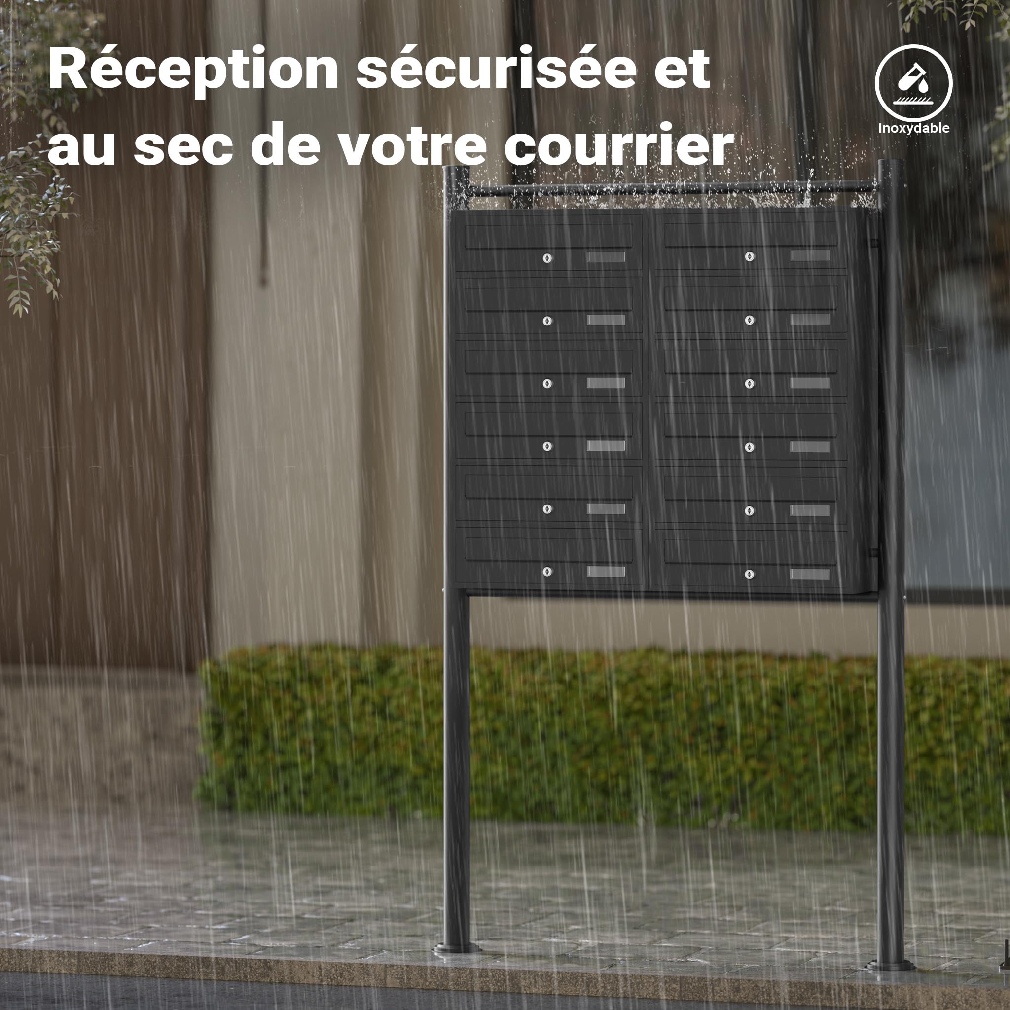 Wiltec Boîte aux Lettres sur Pieds Noire 945 x 270 x 1500 mm, avec 12 Compartiments verrouillables 2x6 et Porte-nom, Revêtement en Poudre, pour Courrier