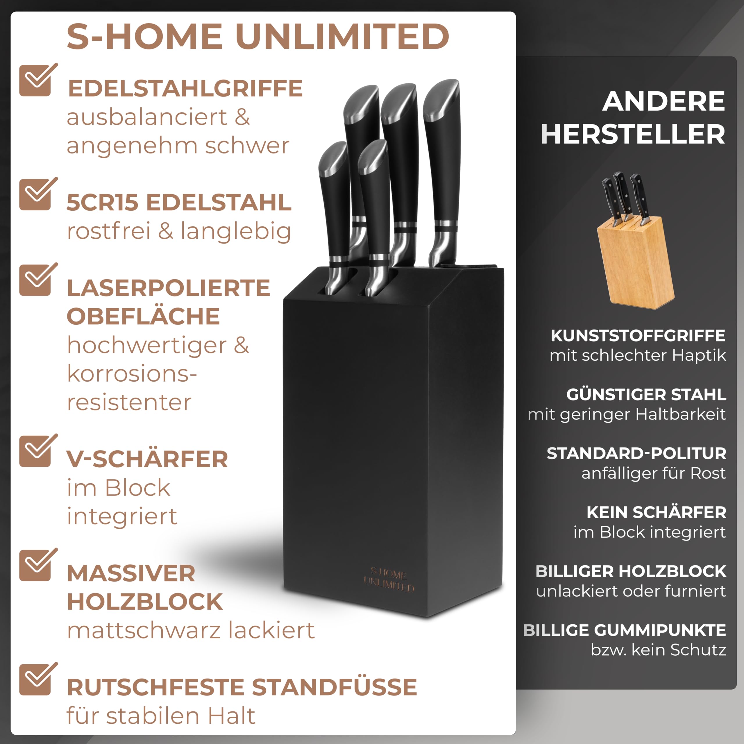 Messerblock mit Messern | 6-teiliges Set inkl. Schärfer | Ergonomische Edelstahlgriffe | Edler Holzblock in Schwarz | Extrem scharf & langlebig