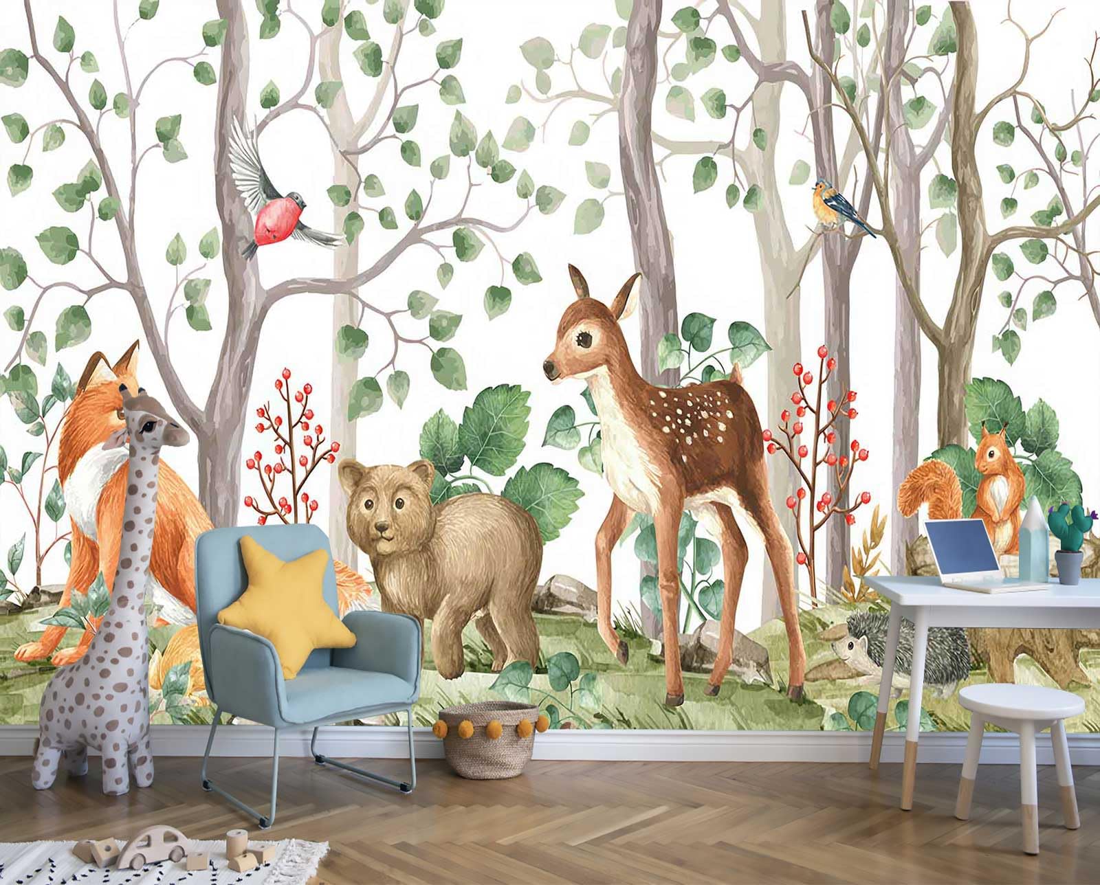 Mural de acuarela de animales del bosque para crear un rincón de paz en tu hogar