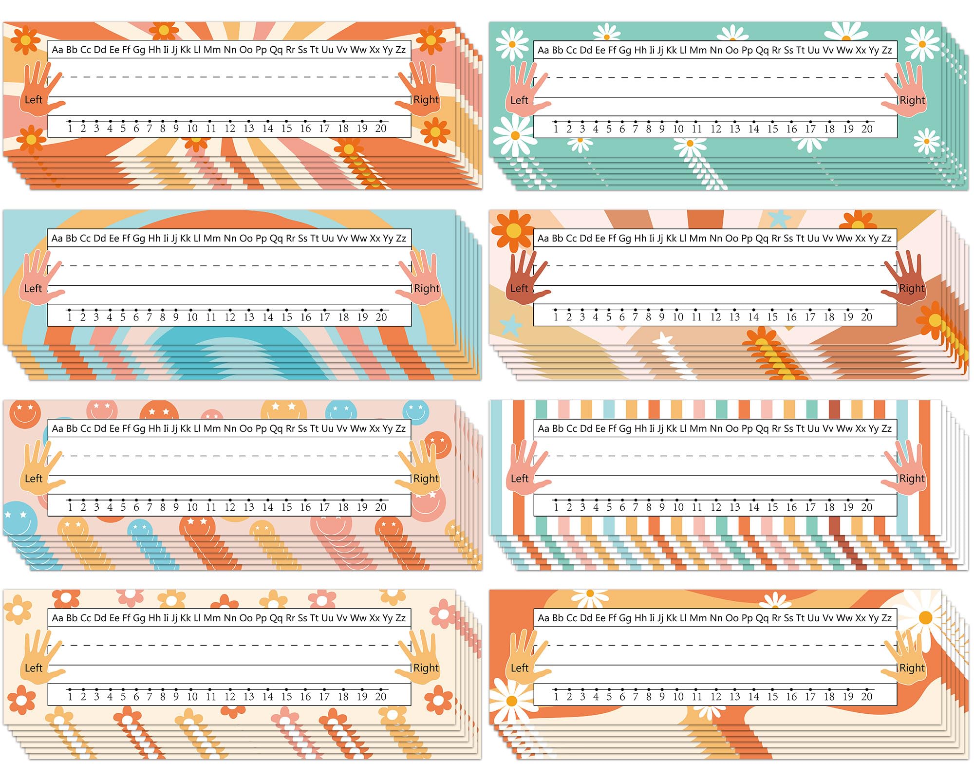 72 Pcs Groovy Name Plates for Classroom Desks Decor Student Desk Name Tags with Alphabet Number Self Adhesive Groovy Nameplates for Kindergarten