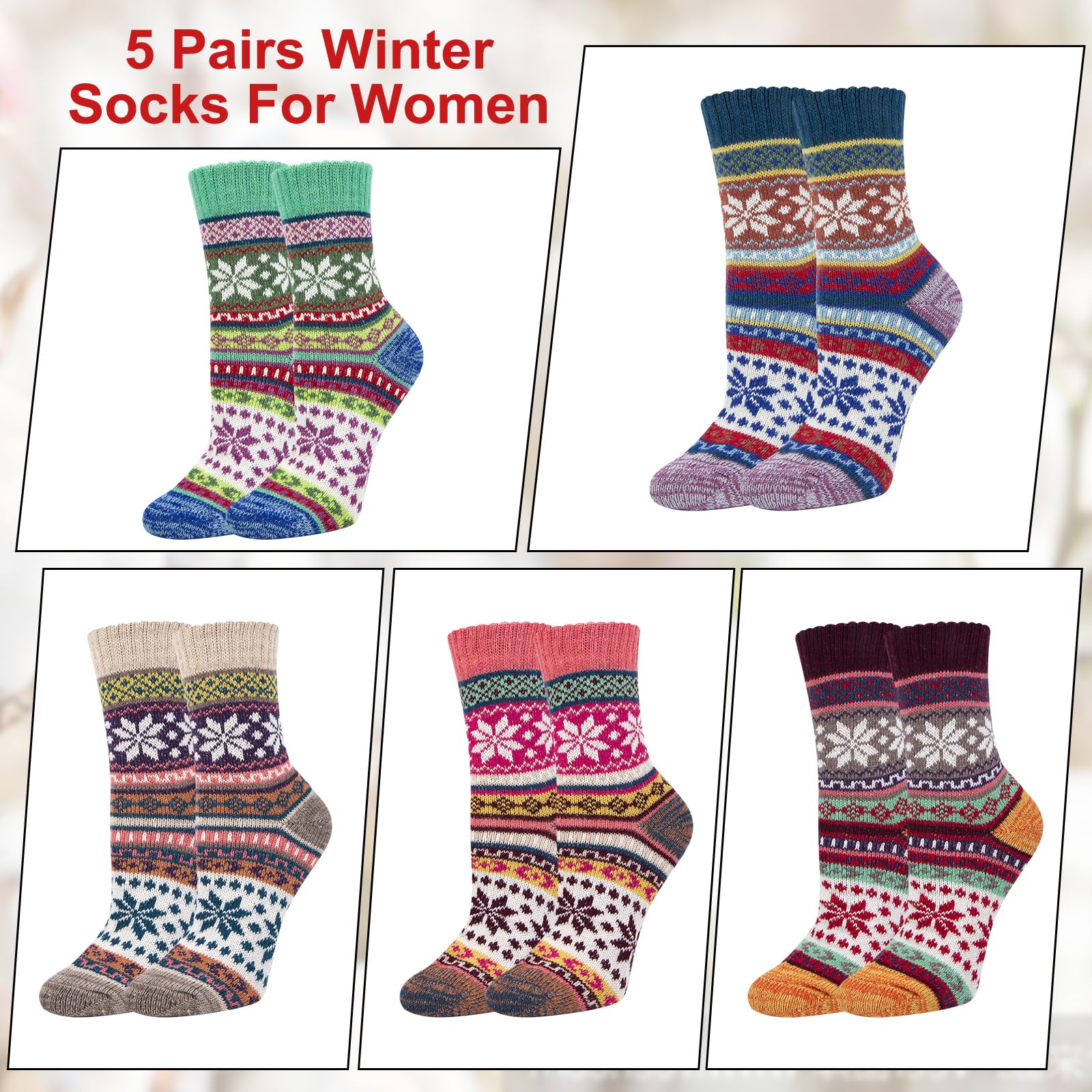 YSense Snug 5 Paia Calze Donna Lana Invernali, Termiche Divertenti, Vintage Natalizi Fantasia