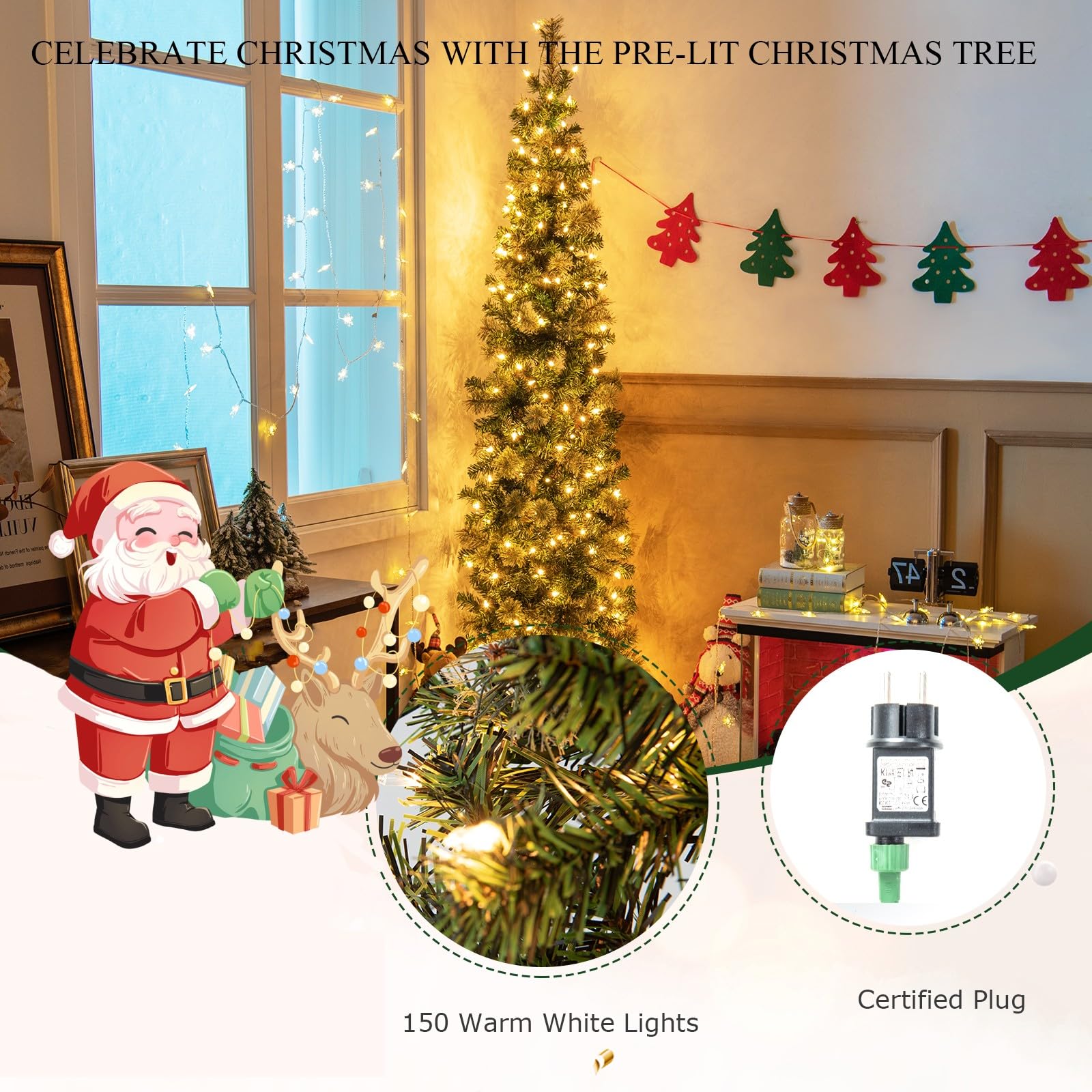 LIFEZEAL Medio - Árbol de Navidad Artificial Delgado de 210 cm, Árbol de Pared Semiiluminado con 403 Ramas de Pino, Realista, Árbol de Navidad Verde para Fiesta