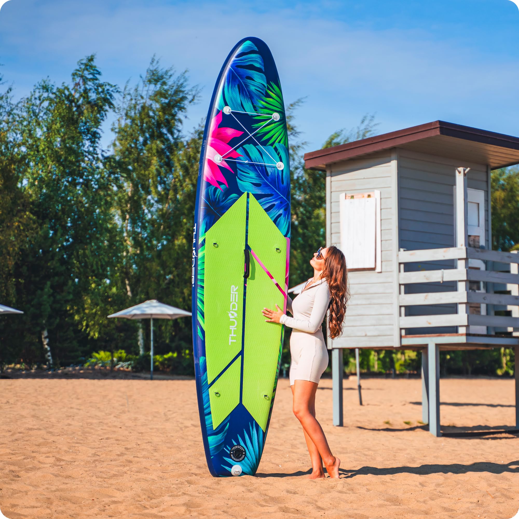 THUNDER Tabla de Sup Inflable de 320 cm con Asiento de Kayak – Set de Stand Up Paddle Board con Bomba, Remo y Mochila – Antideslizante para Adultos y Principiantes