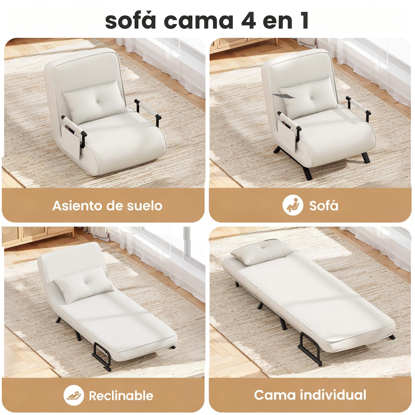YOUDENOVA Sofá Cama, Sillón con Función Cama, Sofá con Respaldo Regulable, Sofá Cama con Bolsa Colgante, Sofá Plegable, Cama de Invitados, Chenilla, 184 x 60 cm, Beige