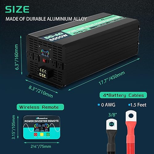 Miniatura 6 de Inversor de onda sinusoidal pura de 6000 W, 12 V CC a 110 V CA con control remoto inalámbrico, pantalla LCD, 4 salidas de CA, 1 USB y bloques de