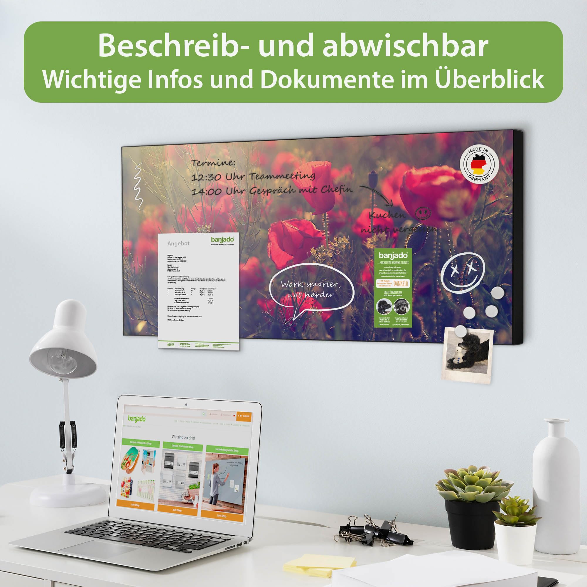 banjado Magnettafel Metall 78 x 37cm - beschreibbare Magnettafel - Metall Pinnwand als Memoboard - Magnetwand Küche, Büro, Kinderzimmer Schwarz inkl. 4 Magnete & Montageset - Motiv Mohn