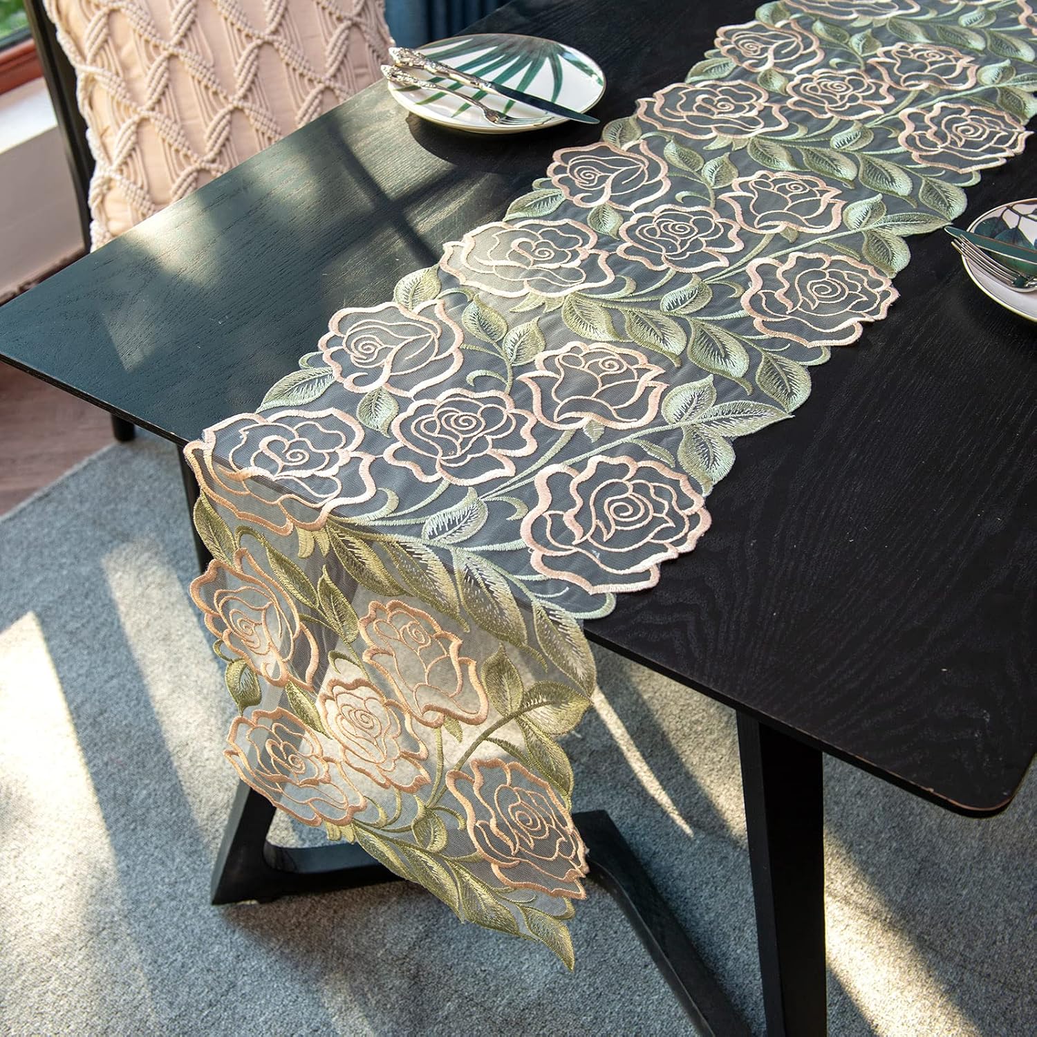 ARTABLE Lace Table Runner Macrame Vintage Flower Dresser Scarf with Exquisite Embroidery Table Runners for Kitchen Home Wedding Party Dining Decoration (12 x 96 Inch, Green)