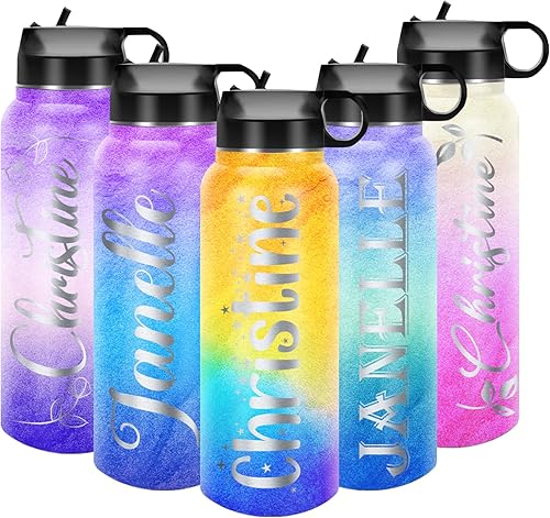 Botellas de agua personalizadas para niños con pajilla, tapa de boquilla, botella de agua escolar de acero inoxidable con nombre personalizado para
