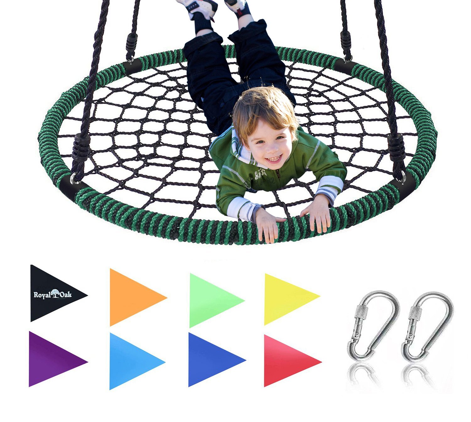 Royal Oak Giant 40 Inches Spider Web Tree Swing, 600 lb Weight Capacity, Durable Steel Frame, Waterproof, Adjustable Ropes, Flag Set and 2 Carabiners, Non-Stop Fun for Kids (Green)