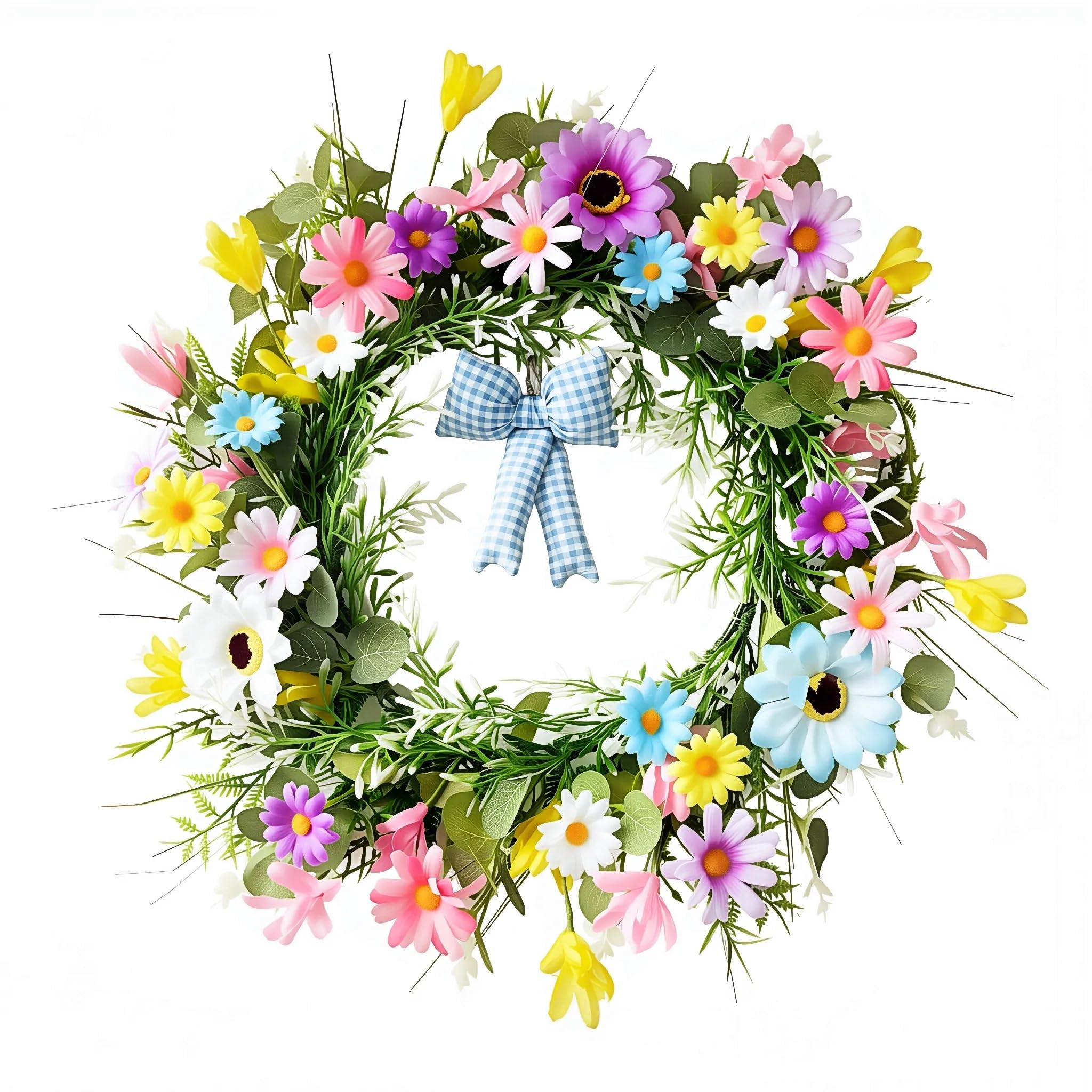 Photo 1 of 18.8 Inch Artificial Daisy Wreath for Front Door, Compact Spring Wreath with Eucalyptus and Greenery, Lightweight Farmhouse Decor for Indoor Outdoor Year Round Use