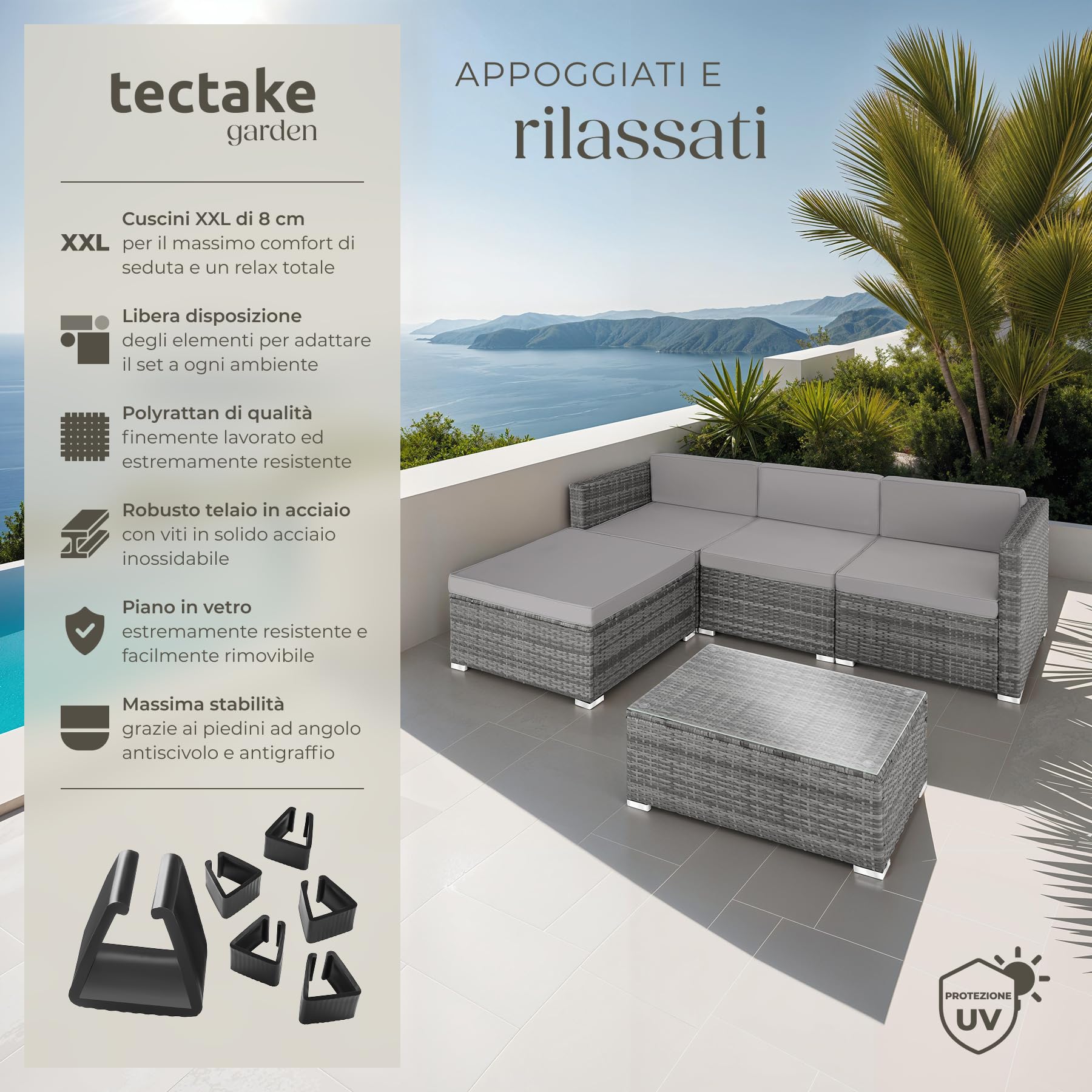 Tectake Salottino in Rattan Firenze Set Giardino 3 Poltrone 1 Pouf Tavolo Cuscini 8cm Grigio
