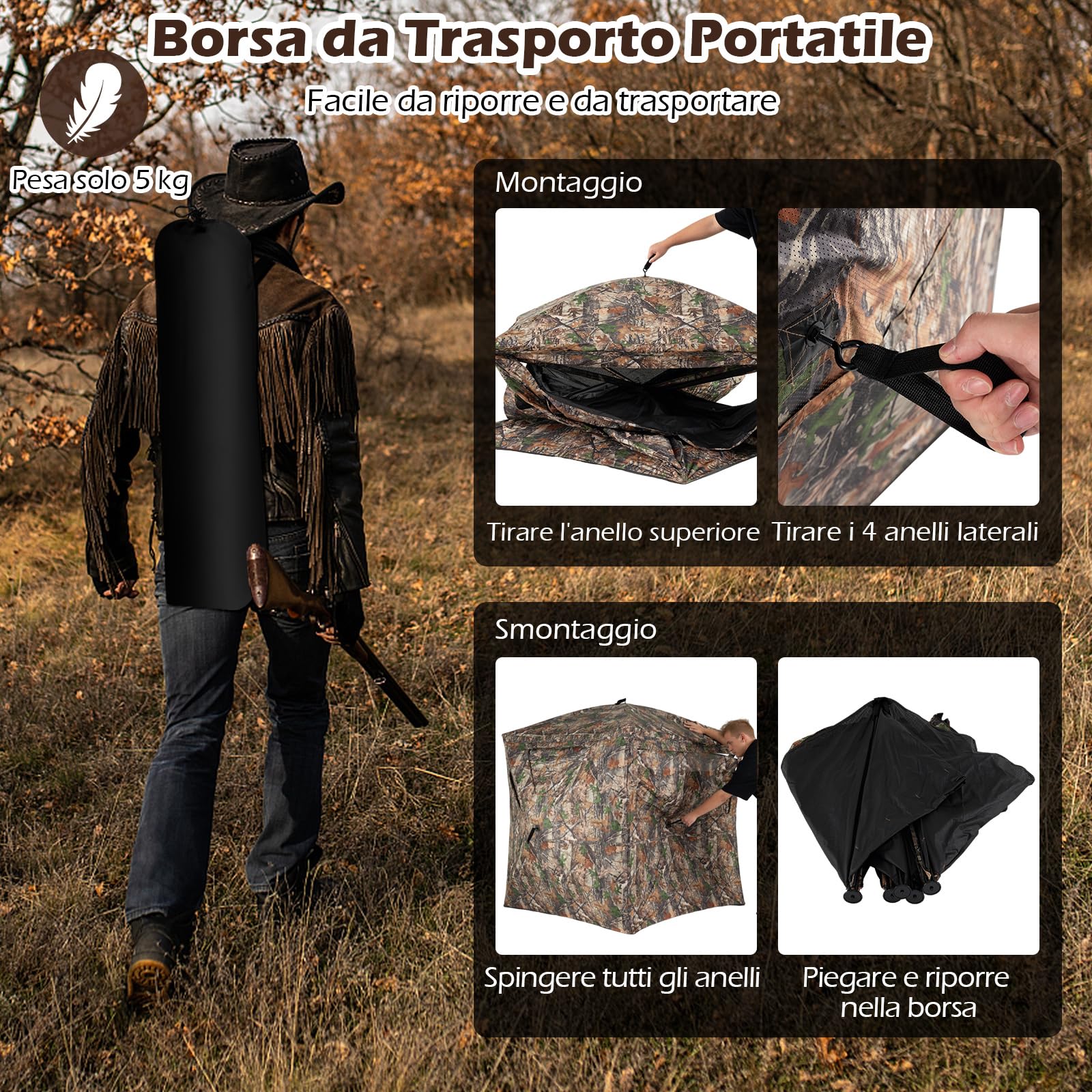 COSTWAY Tenda da Caccia per 2-3 Persone, Tenda Mimetica a 270° per Caccia, Tenda Pop-Up Camouflage con Porta Magnetica Silenziosa, 4 Finestre e Borsa da Trasporto, 146 x 146 x 170 cm