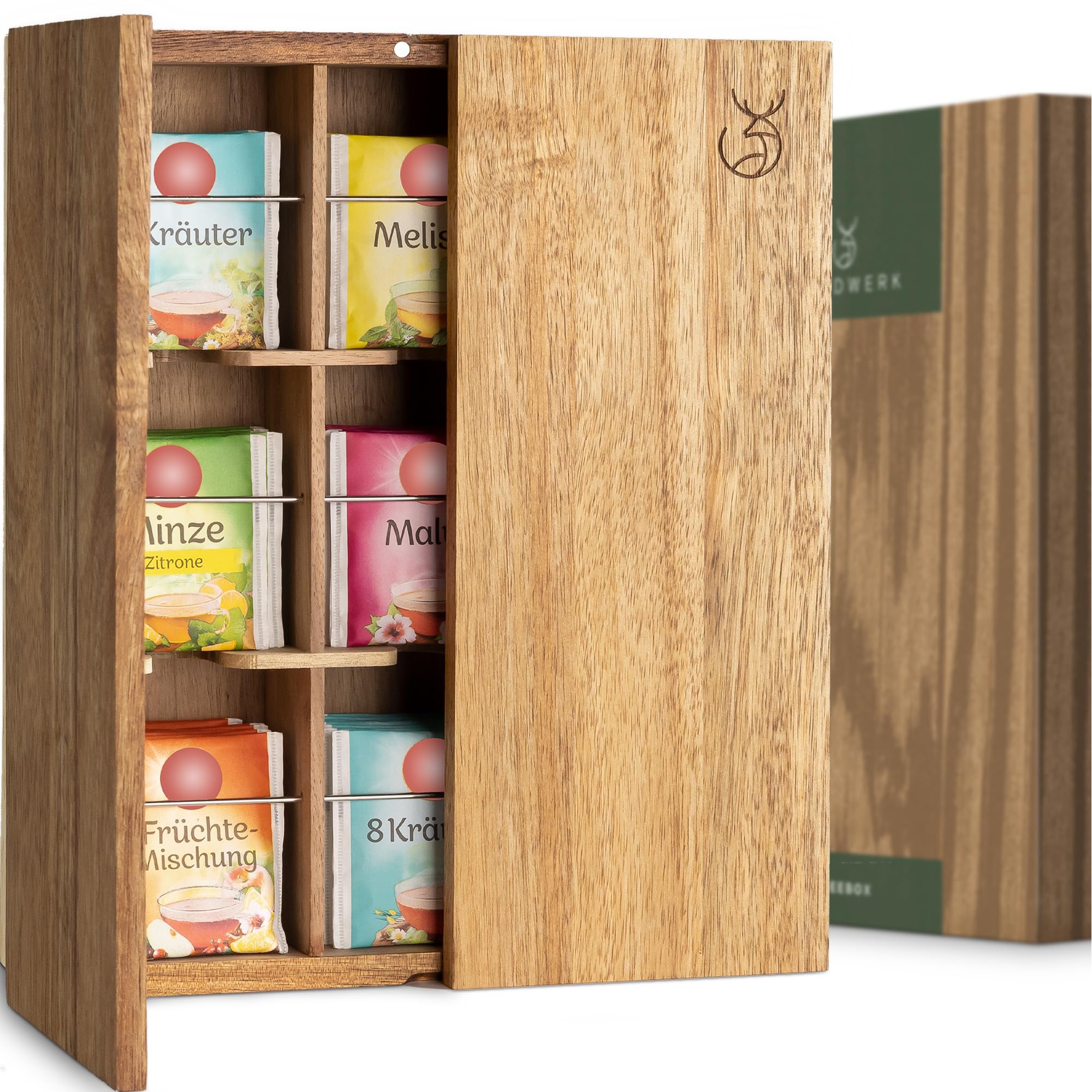 WALDWERK Scatola da Tè di Design (9 scomparti) – Porta Tisane in legno di acacia – Scatola bustine the e tisane senza plastica – Porta Bustine The con accessori per montaggio a parete