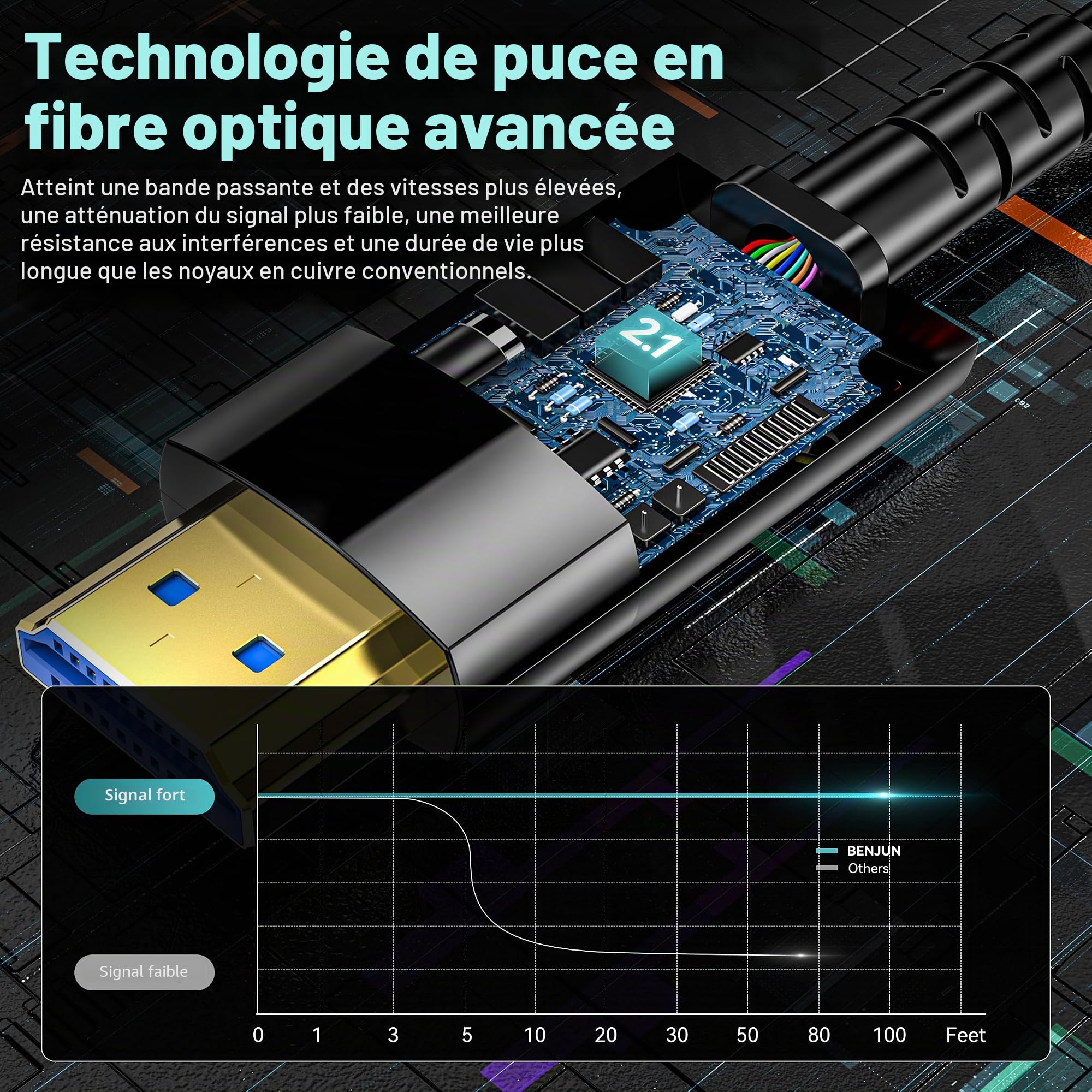 Câble HDMI en fibre optique 8 K, 10 m, 48 Gbit/s, ultra haut débit, 8 K @ 60 Hz, 4 K @ 120 Hz, eARC, HDCP 2.2 et 2.3, HDR dynamique Dolby Atmos, compatible avec Xbox, PS5/PS4, HDTV