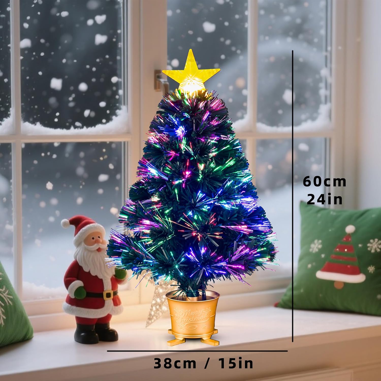 24inch Pre-lit Mini Fiber Optic Tabletop Artificial Christmas Tree，Small Xmas Tree with Stars Decorations-Gold
