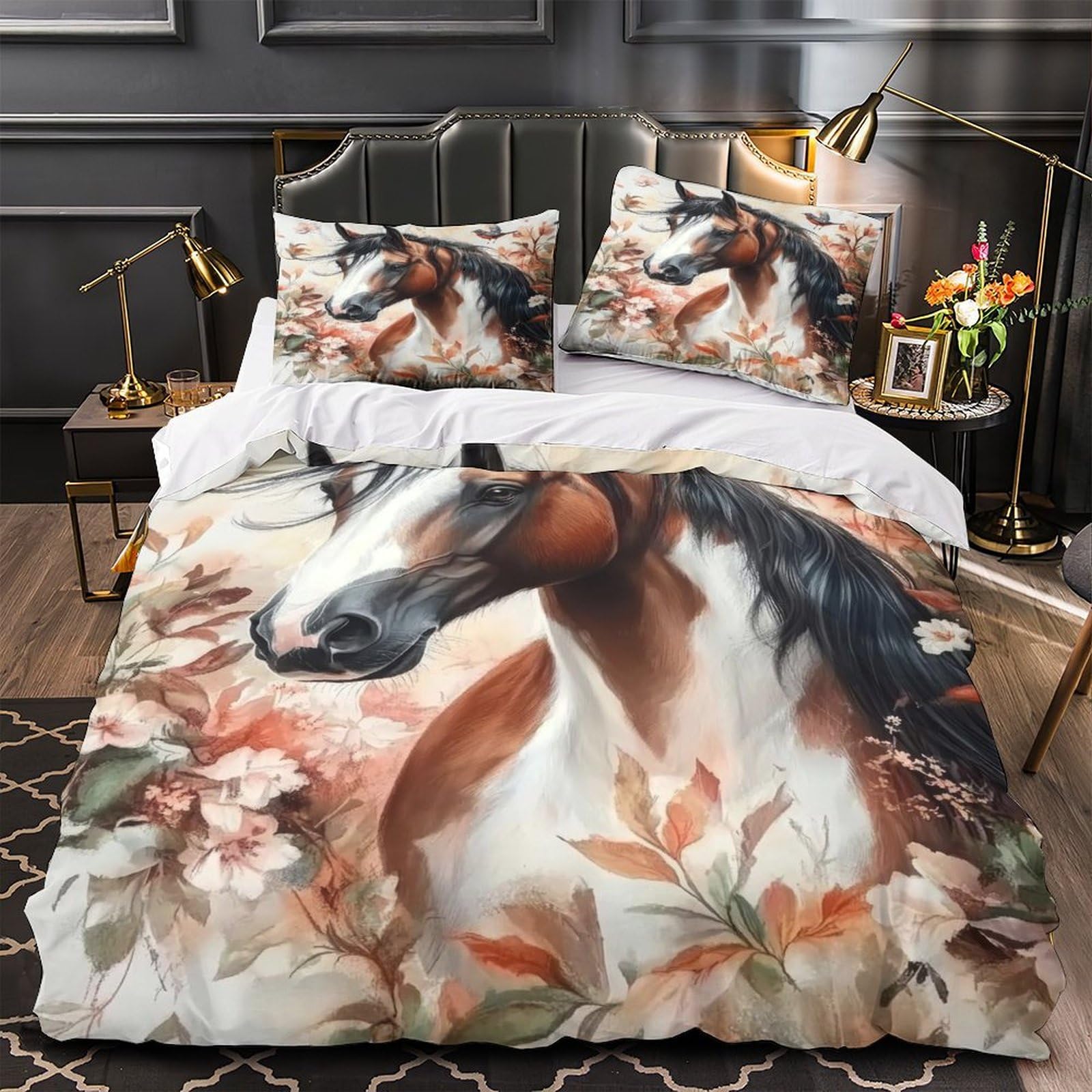 MMDASBVPE Painted Horse Quilt Cover 3D Print Anti-allergic 3 Pieces Bed Set Hidden Zipper Floral Duvet Cover Ultra Soft Washable for Adults Kids Teens Women Youth Teenagers Double（200x200cm）