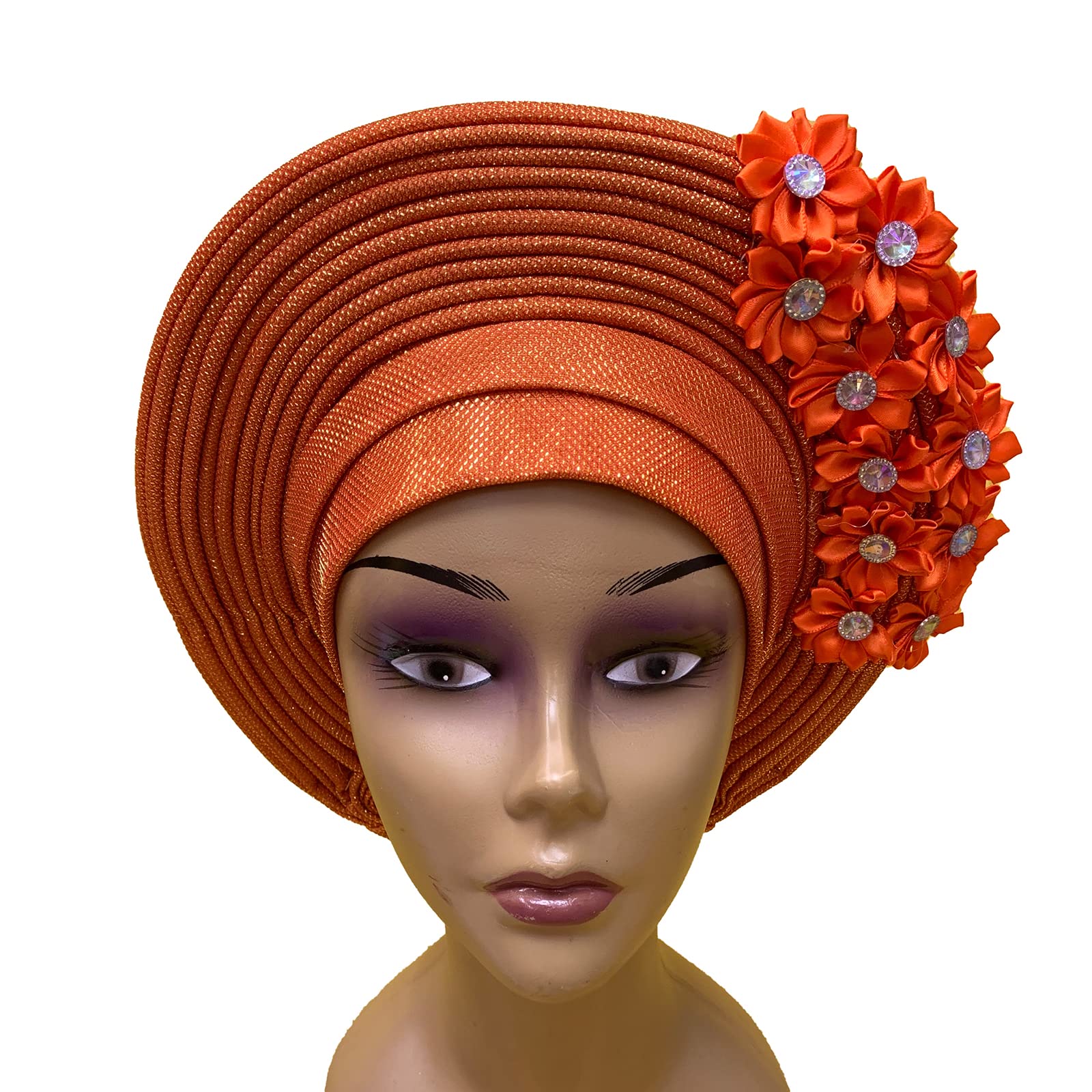 African Headtie Turban Nigerian Muslim Headwear Gele Head Wrap Auto Gele Headties Already Made Women's Headband For Party, Orange, One Size