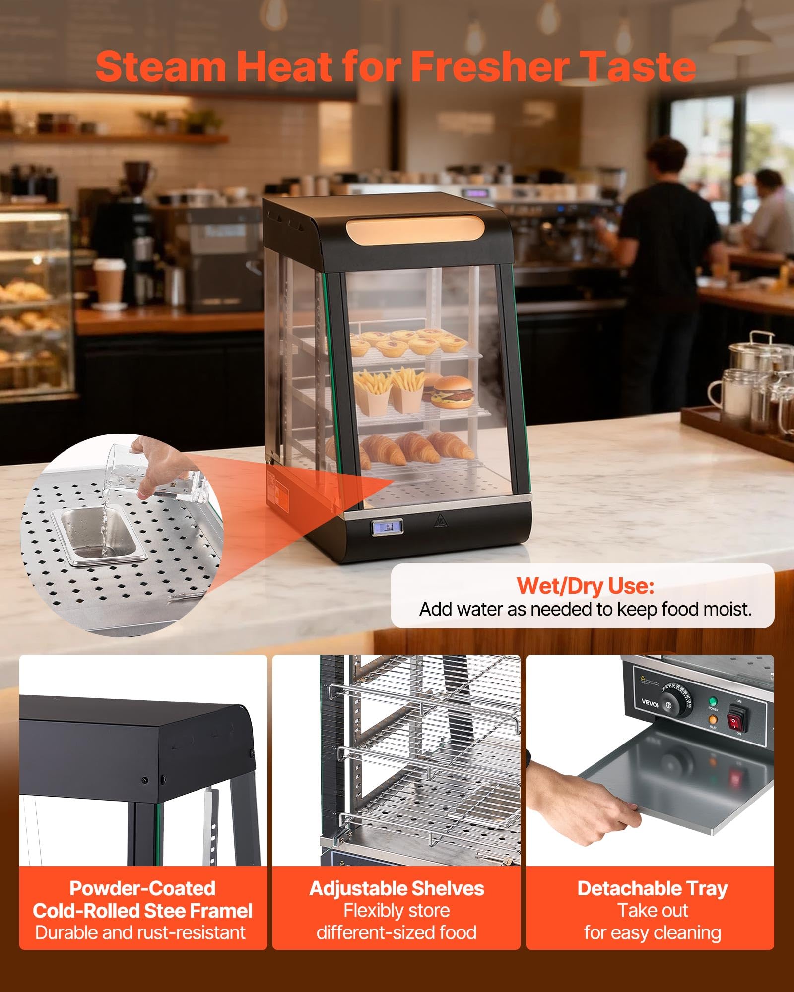 VEVOR Vitrina de Calor para Hostelería 3 Niveles 800 W, Expositor Calentador de Alimentos con 57 L Luz LED, Estantes Extraíbles, 30 °C a 85 °C, para Tapas, Hamburguesas, Pizzas, Pan, Pollo Frito