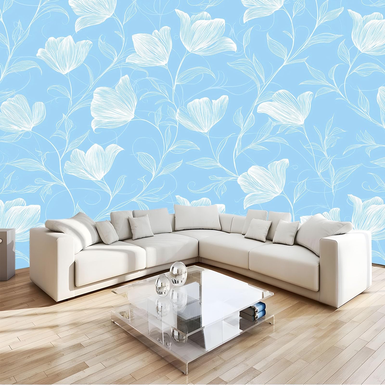 Wallpaper Mural Panoramic Custom Elegant Exquisite Flowers, Light Blue Photo Wallpaper Wall Mural 250 x 175 cm for Bedroom Living Room and Office Decoration
