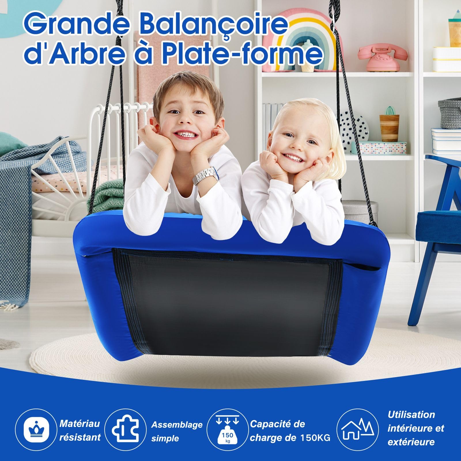COSTWAY Balançoire Extérieur Rectangulaire 83 x 155 cm, Siege Balançoire pour Enfant et Adulte, avec Cordes de Suspension Réglables Charge Max 150 kg pour Parc, Arbre (Bleu)