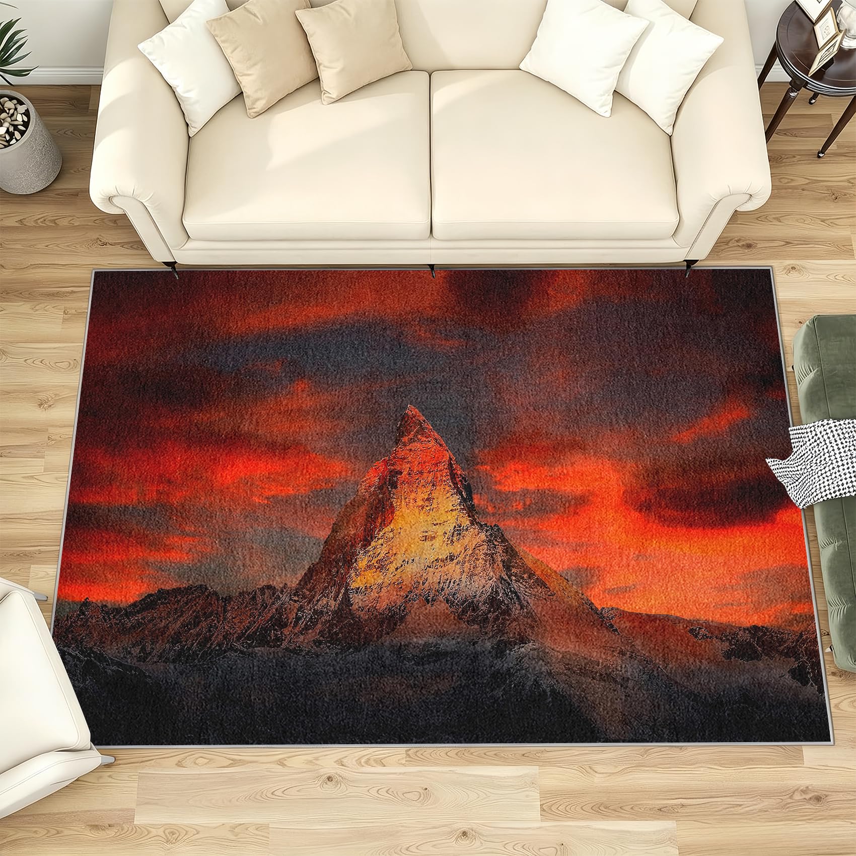 Tapis de salon coucher de soleil montagne 80x150cm poil court lavable antidérapant