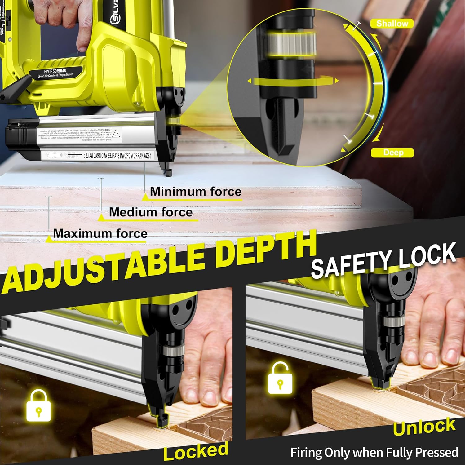 SILVEL 2" Cordless Brad Nailer, 2-in-1 21V Electric Brad Nailer with 2 * 2.0Ah Battery, 1000pcs Nails, 18GA Staples, Adjustable Depth for Woodworking, Home Improvement, Green - Image 4