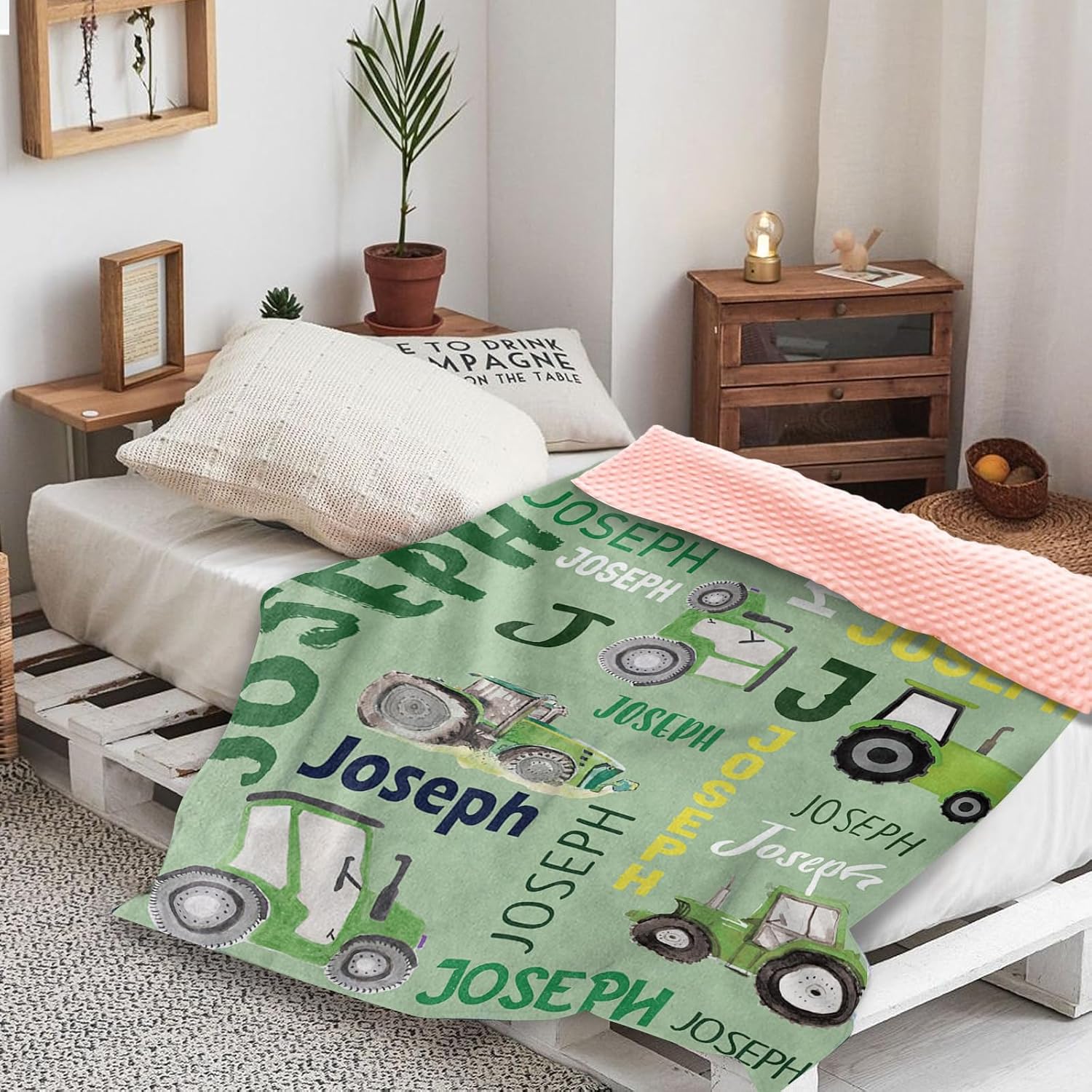 Custom Tractors Blanket - Farm Tractor Trucks Design with Personalized Names - Soft Plush Flannel Throw Blanket with Double Layer Dotted Backing for Baby Kids Teen Boys Girls Gifts Lime Green