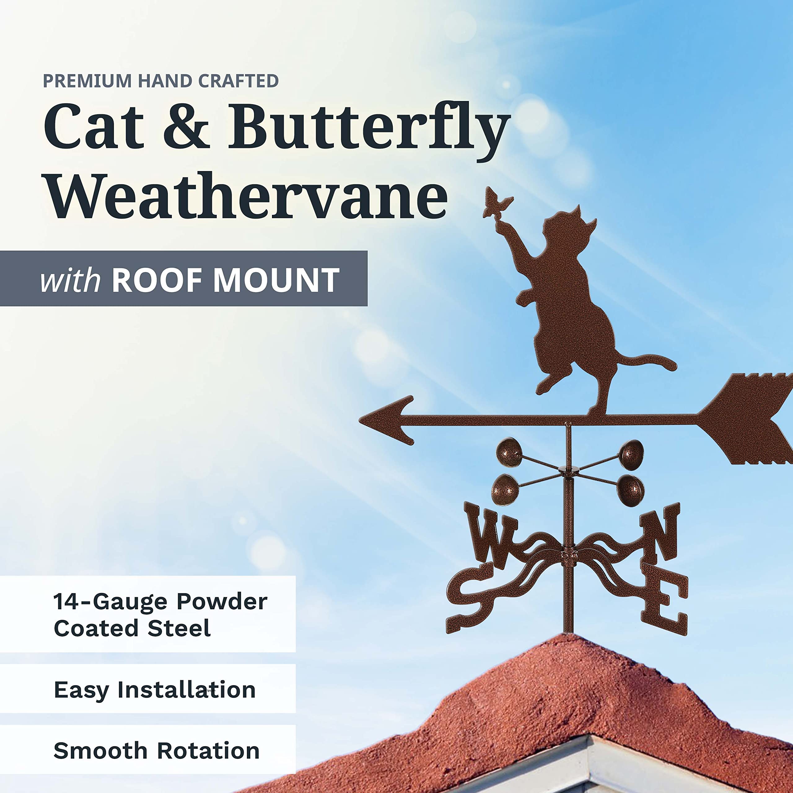 EZ Vane Steel Cat & Butterfly Weathervane 21” Height, Includes Metal Roof Mount, Wind Cups & Brackets | Hand-Crafted and Family-Owned, Made in The USA with Triple Powder Coating, Limited