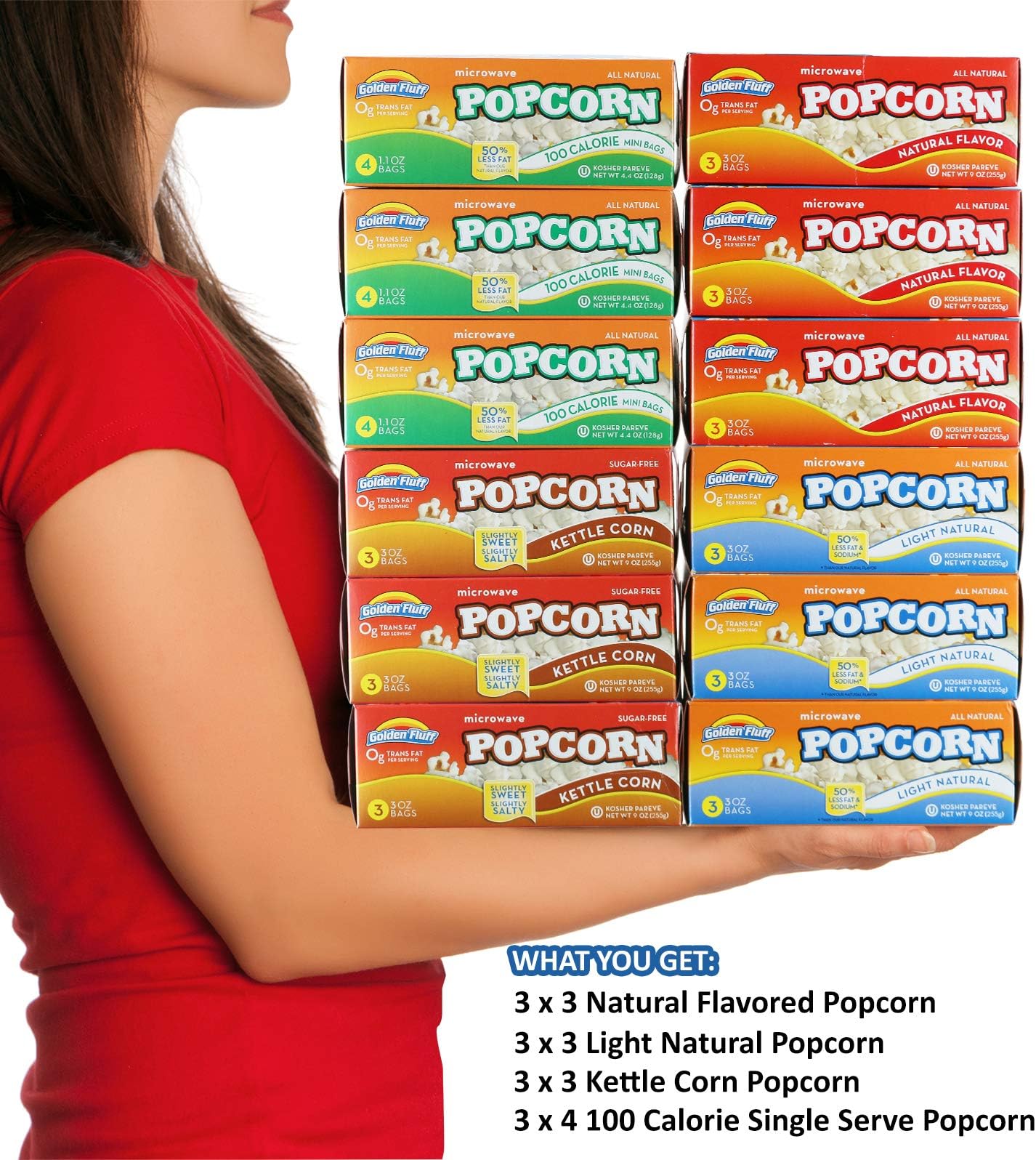Microwave Popcorn Assortment | 4 Flavors/Varieties Of Microwaveable Popcorn, 3 Cartons Each | Gluten Free, Nut Free & Vegan Friendly