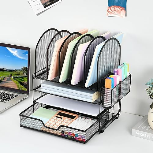 Miniatura 5 de ORDROLL Organizadores de papel de escritorio y accesorios, bandejas de letras de 3 niveles con 5 soportes verticales para archivos, cajón y soporte