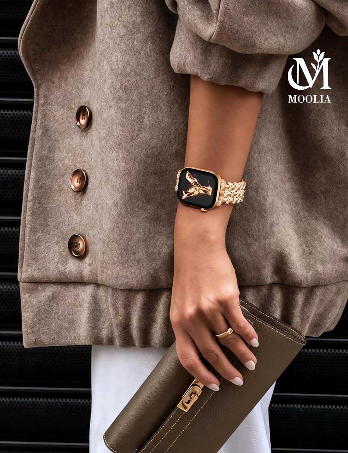 Moolia Luxury Bling Diamond Band Compatible with Apple Watch 42/41/40/38/46/45/44/49mm，Y-Shaped Metal Link with Crystals Women Replacement for iWatch Series 11 10 9 8 7 6 5 4 3 2 1 SE/Ultra(1/2/3)
