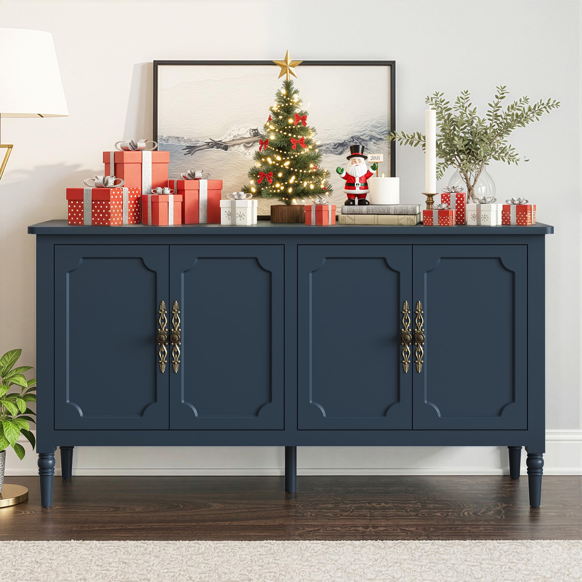 RoyalCraft Large Sideboard Buffet Cabinet with Storage, 58'' Modern Credenza Buffet Table Coffee Bar Wine Bar Storage Cabinet with Artistic Carved Handle for Dining Room Living Room, (Navy Blue)