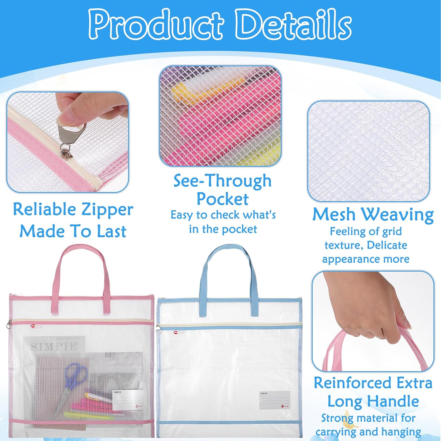 6 Pcs Sewing Project Bag 16.5x16.5 Inch Jumbo Mesh Craft Tote with Pocket, Project Bags for Quilting Knitting Storage, 6 Colors (Light Blue, Light Green, Black, Pink, Purple, Navy)