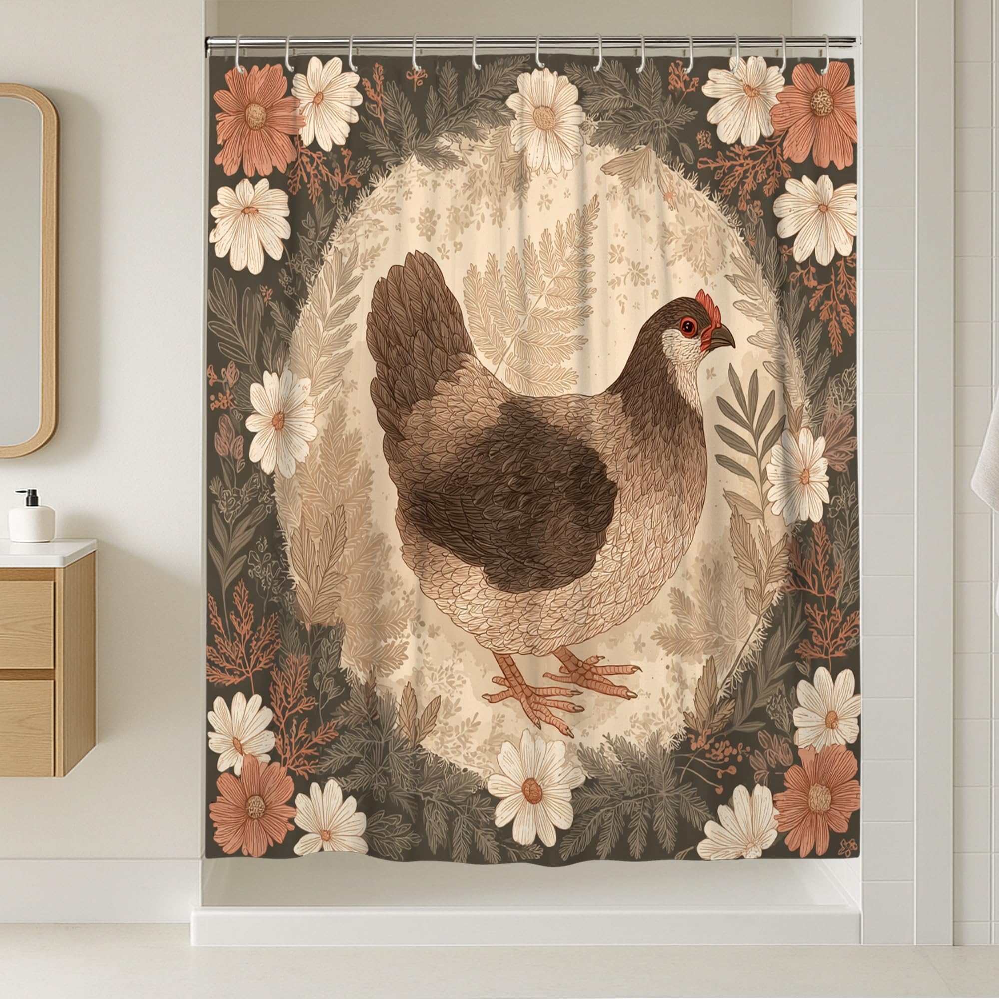 Rideau de douche extra long tissu imperméable marron 183x243 cm imprimé poule rustique