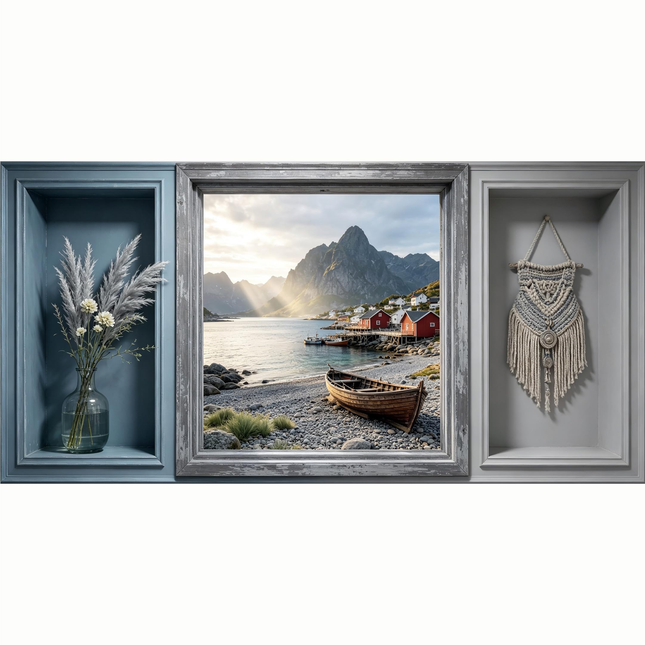 QZLITHOTIC 50x100cm 3D Framed Wall Art， Mountain Lake Coastal Village 3D Trompe l'oeil Self‑Adhesive Mural， Water‑Activated Peel & Stick Fabric Decor Wall Decal for Bedroom Living Room