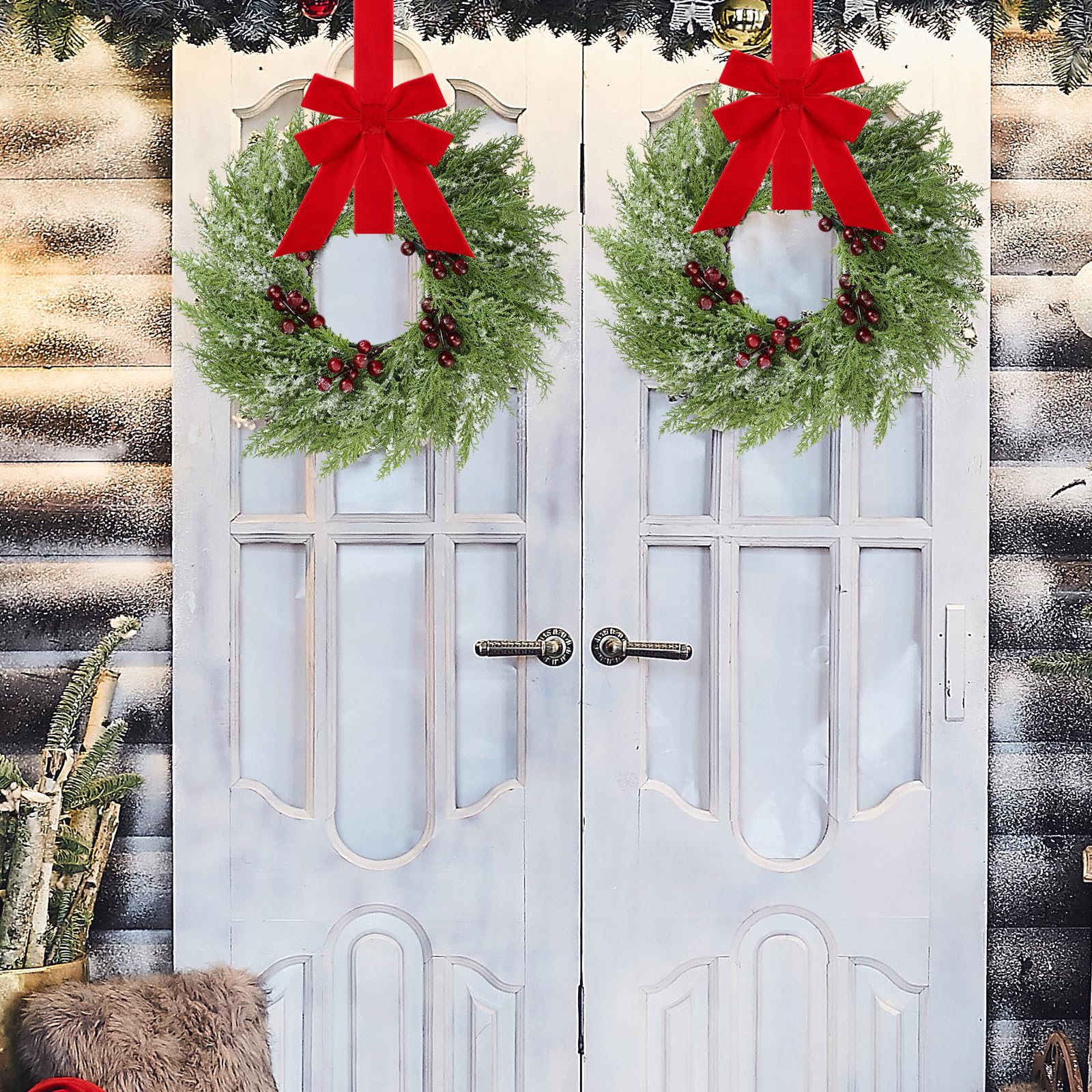 4 pcs small christmas norfolk wreaths 15 inch christmas kitchen cabinet mini wreath real touch with bow ribbon cedar red berry for xmas front door window chair fireplace table pillar farmhouse decor
