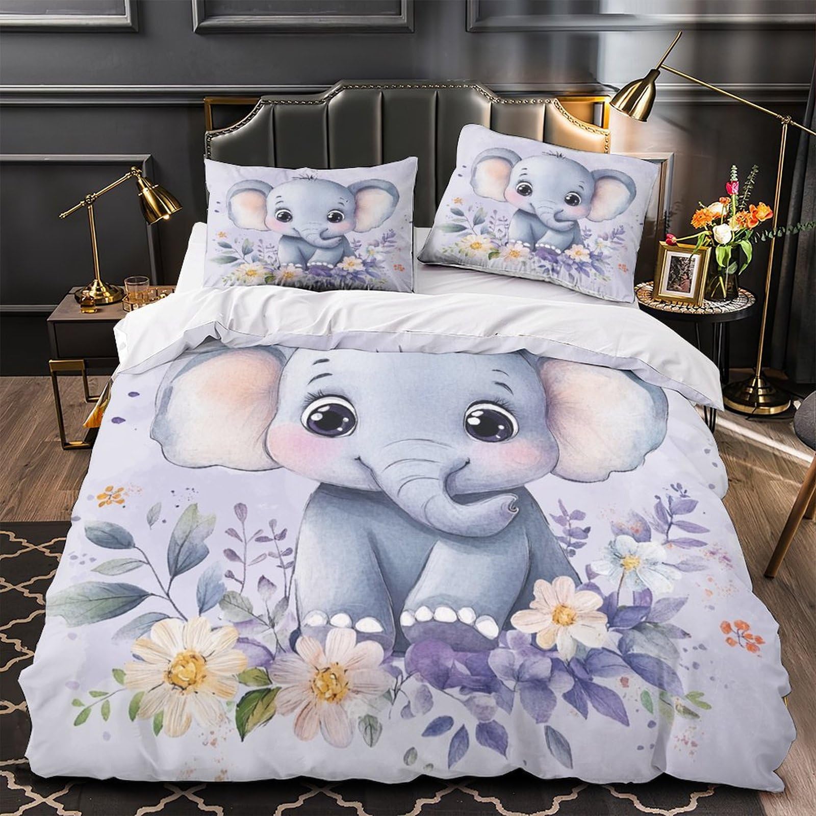 Housse de couette microfibre douce motif éléphant 3D résistante pour lit simple ado