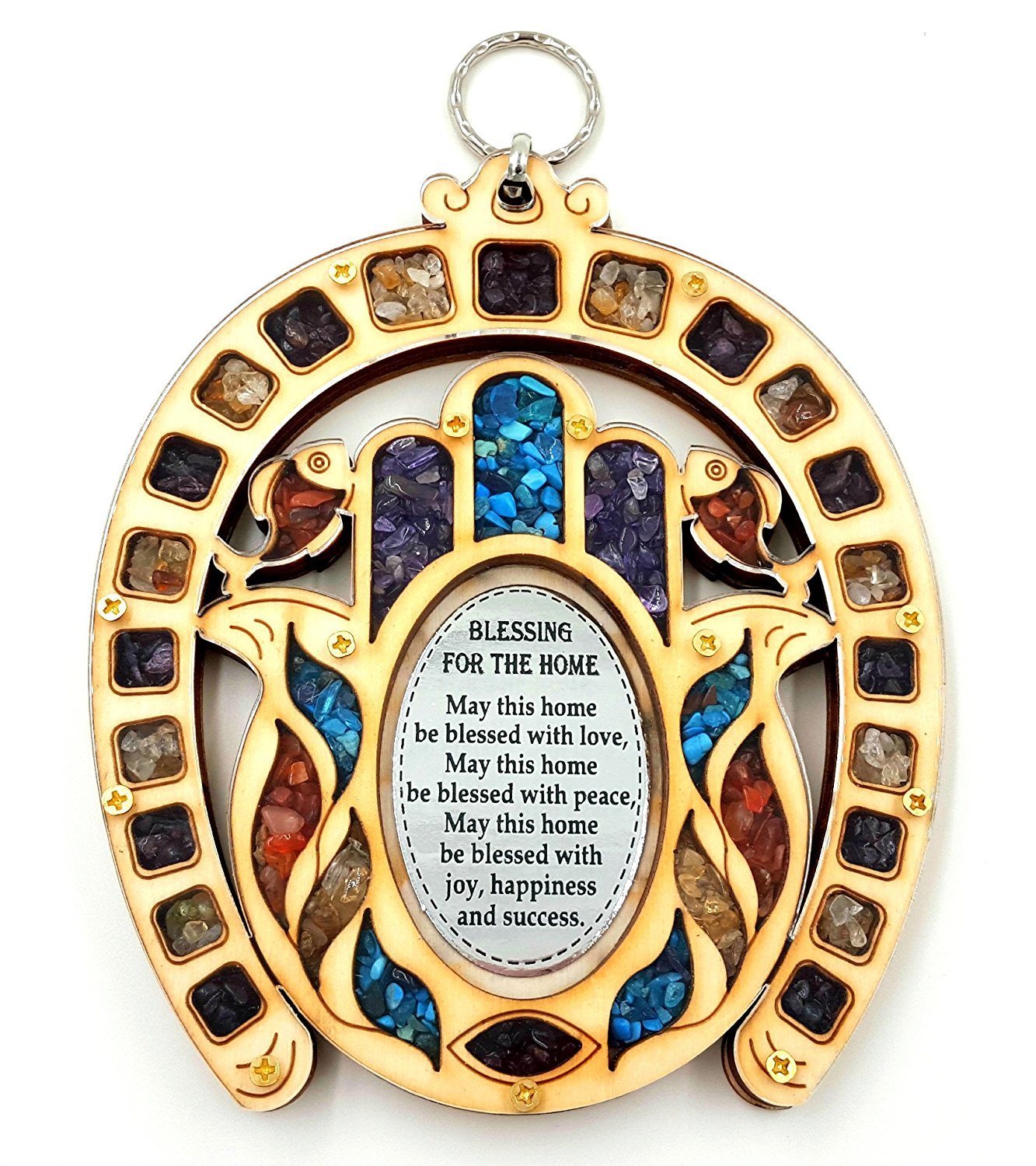 Horseshoe Symbol Hand Fatima Wood Wall Hanging Plaque with Stones