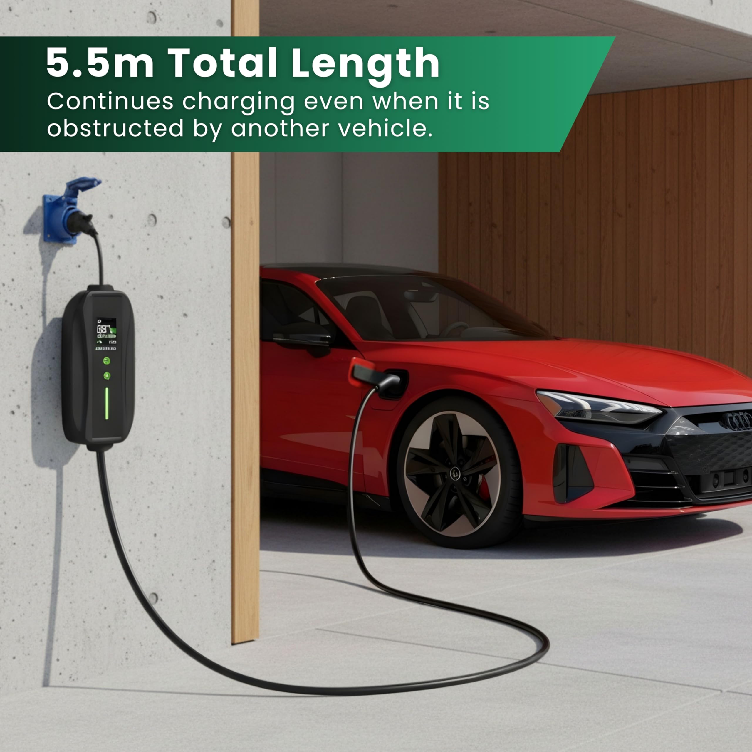 EV Charger CEE 32A Plug | Portable EV Charger Type 2, 7kW | Single Phase, Cabel, 6-32A | Electric Car Charger | Home Car Charger | Fast Charging, Compact, Travel-Friendly (7kW, 5,5 Meter) - 5