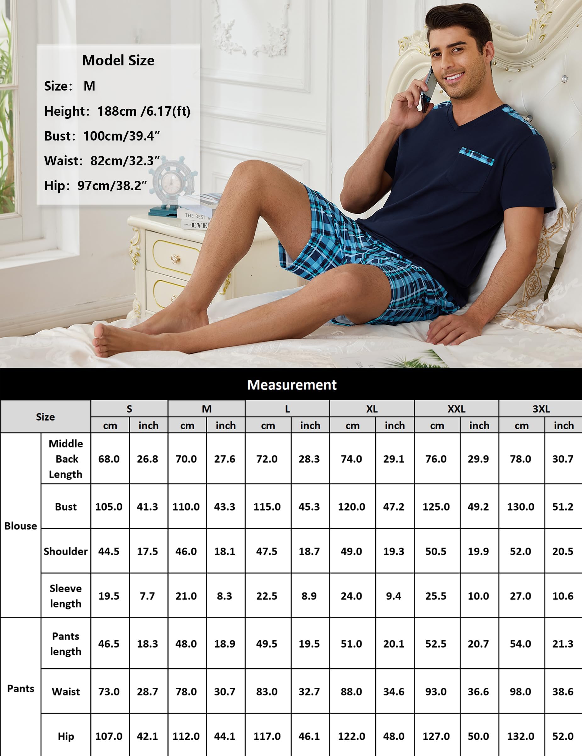 Litherday Schlafanzug Herren Kurz Sommer Baumwolle Pyjama Set Kurzarm Shorty Zweiteiliger T-Shirt Schlafanzughose Loungewear für Männer