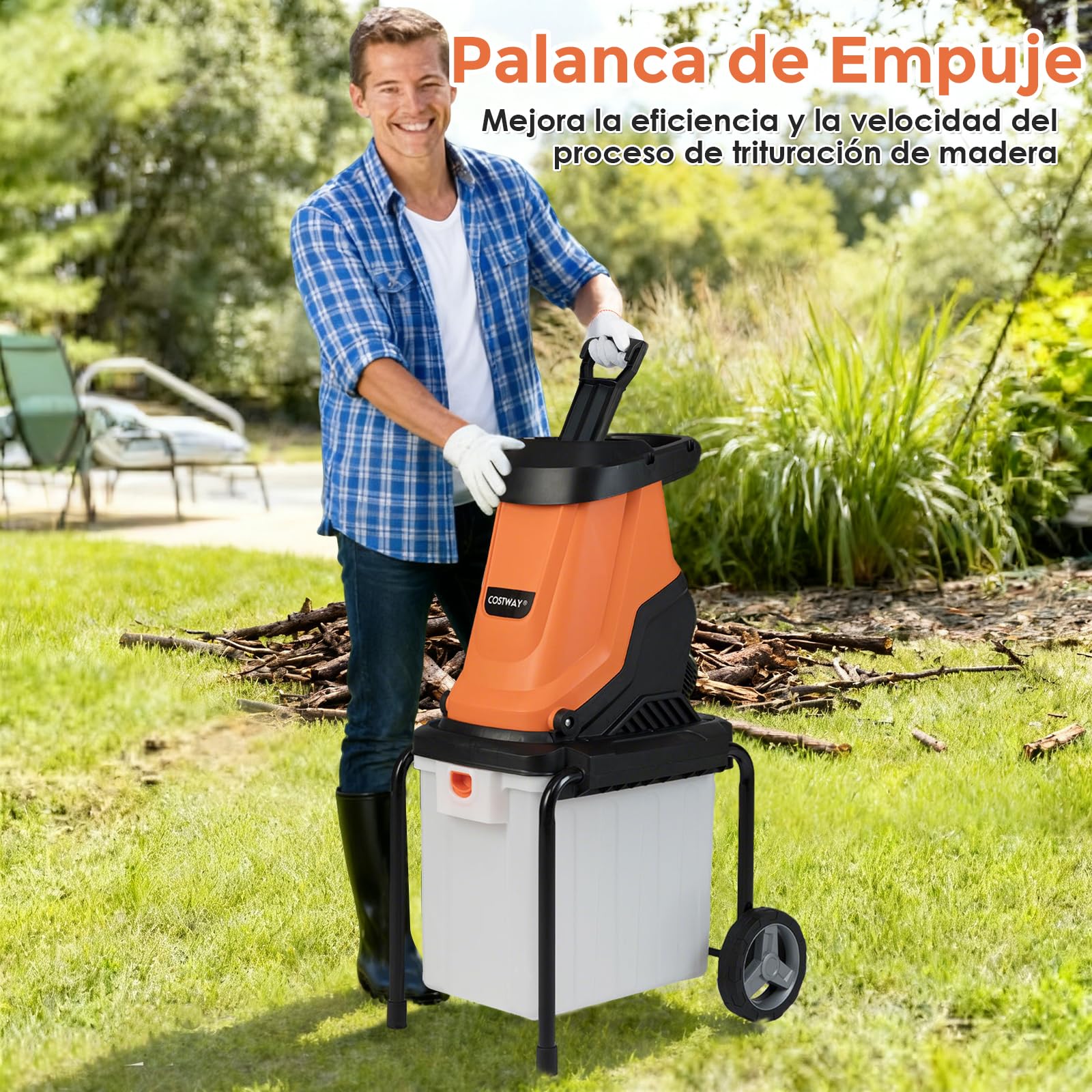 COSTWAY Trituradora de Ramas 2800W, Caja 50L, Hasta 45mm, Biotrituradora con Ruedas, Biotrituradora Electrica Jardin (naranje)