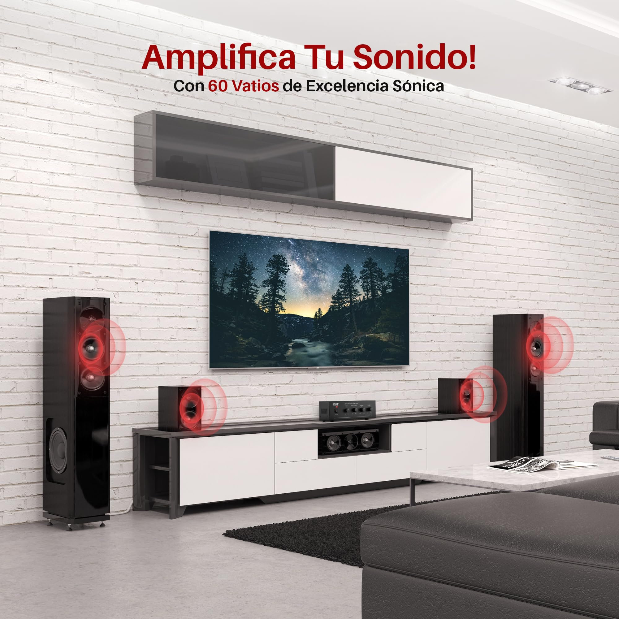 Pyle mini amplificador de potencia, Compacto, Estereo, Potencia maxima de 60V, RCA, 2 entradas de microfono, Salidas de 25/70 V, LED, Selector de entrada para PA