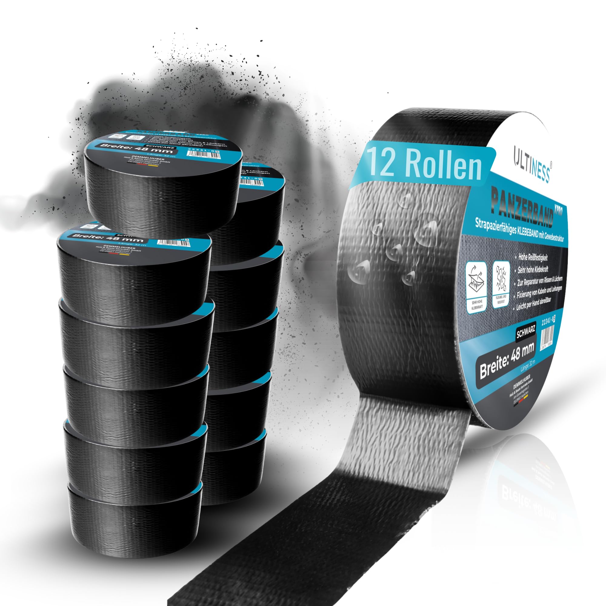 Panzerband schwarz, 48mm x 32m Gewebeband, Klebeband extra, 12 | stark, wasserdichtes Reparaturband, universelles Gewebeklebeband, Duct Tape leicht abreißbar, Allzweck-Klebeband