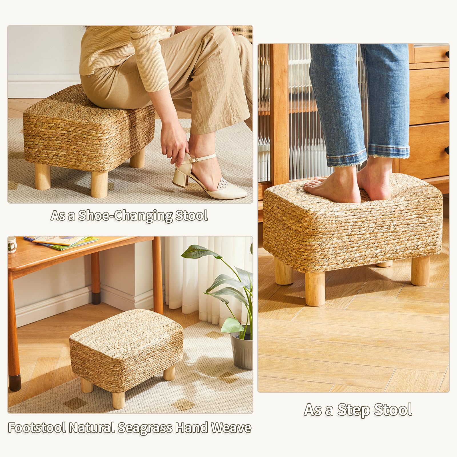 YMYNY Poggiapiedi Pouf Couch Sgabello Poggiapiedi Rettangolare In Alga Marina Naturale Multifunzionale Moderno Ottomano Divano Tavolino per Soggiorno Camera da Letto 42×30×26CM Natura HBD043N
