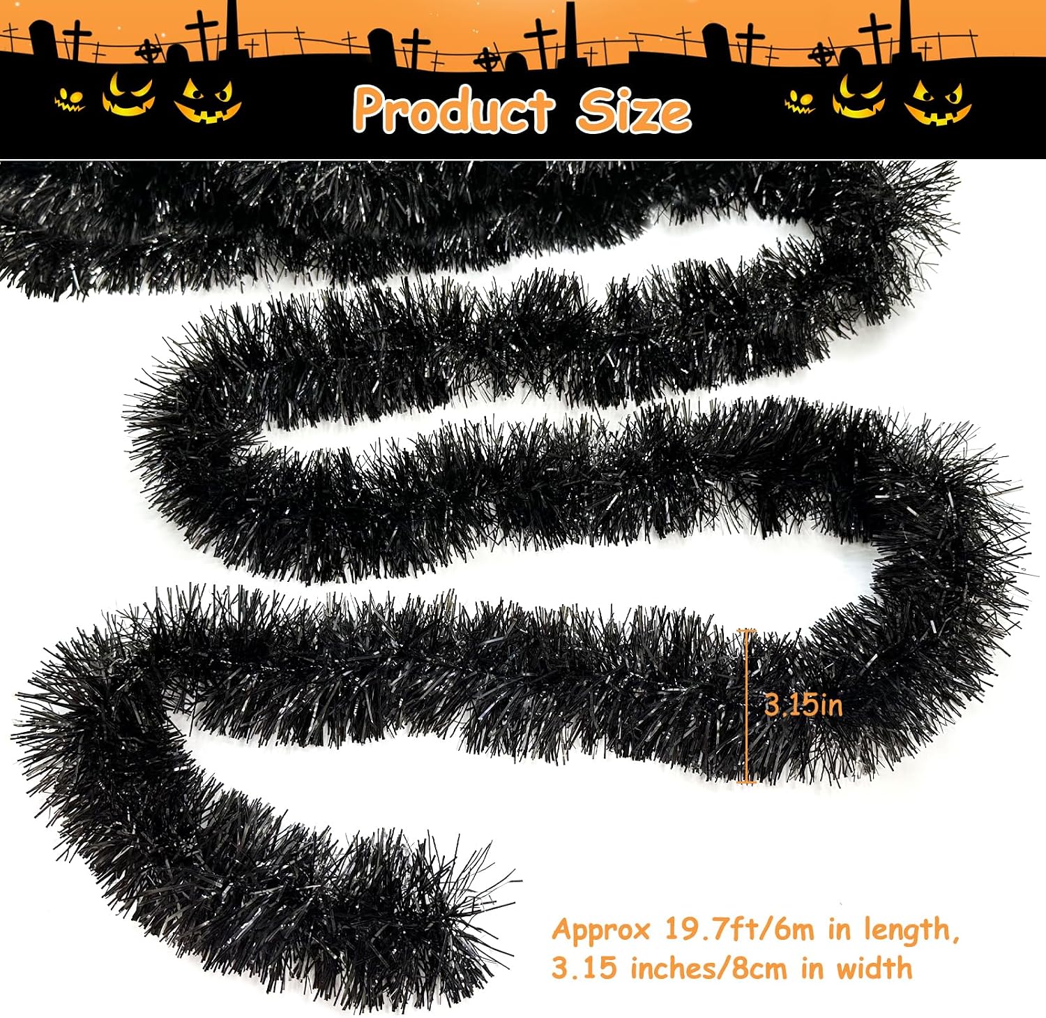 Apragaz 19.68Feet Black Garland - Sparkle Halloween Tinsel Garland for Holiday Tree, Table, Door, Wall, Rail, Fireplace, Parade Floats - Halloween Garland for Indoor & Outdoor Home Party Decoration