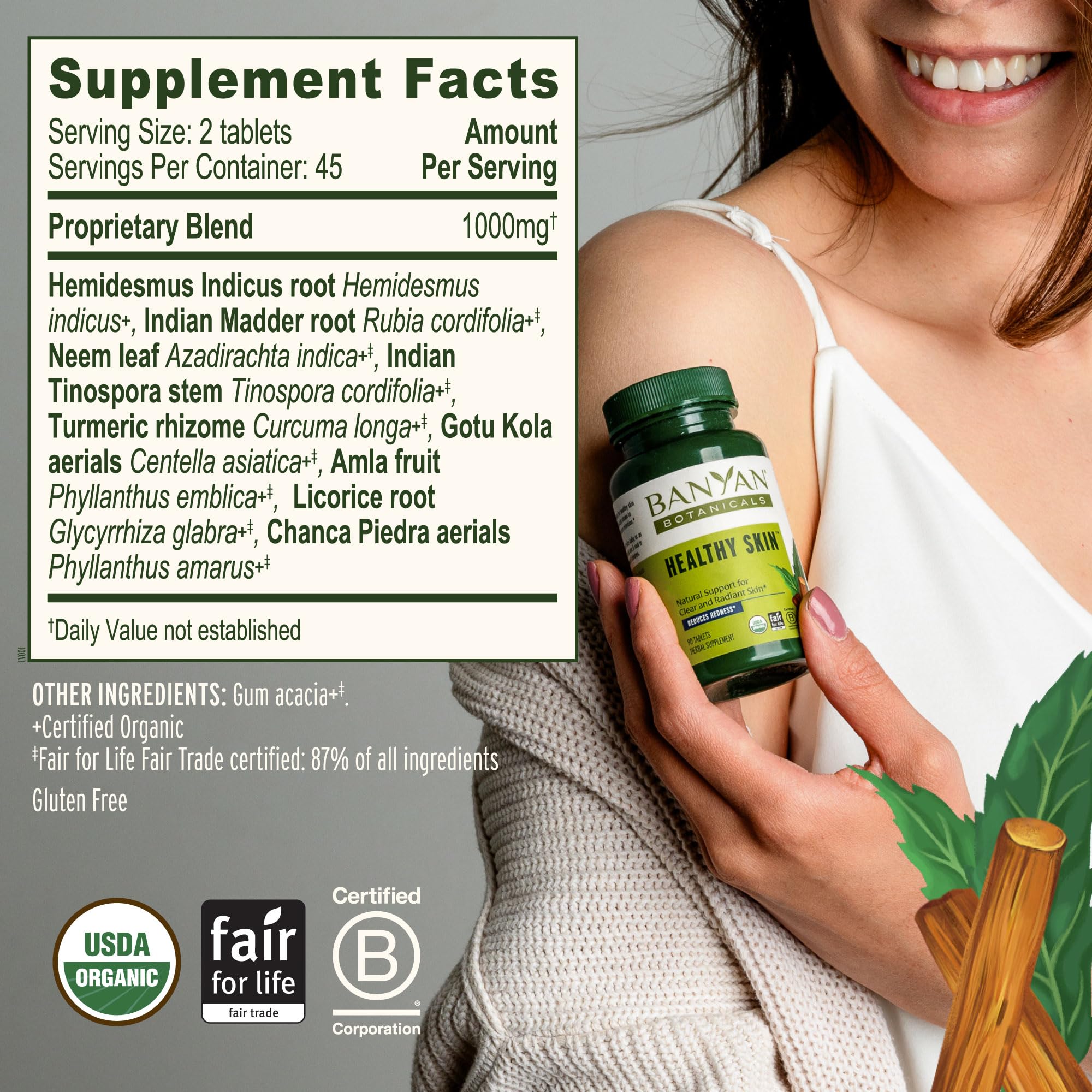 Banyan Botanicals Organic Healthy Skin – Internal Cleansing for Radiant Skin – with Neem & Manjistha for Smooth Texture & Systemic Soothing – 90 Tablets – USDA Organic — Amazon image 5