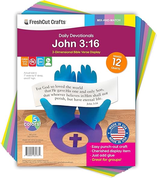 FreshCut Crafts John 3:16 Punch-Out 3-D Paper Kit, 12 Colorful Tabletop Displays Bible Craft for Kids Ages 5 & Up, Perfect for Sunday School, Church Activities, Homeschooling, Classroom Decor