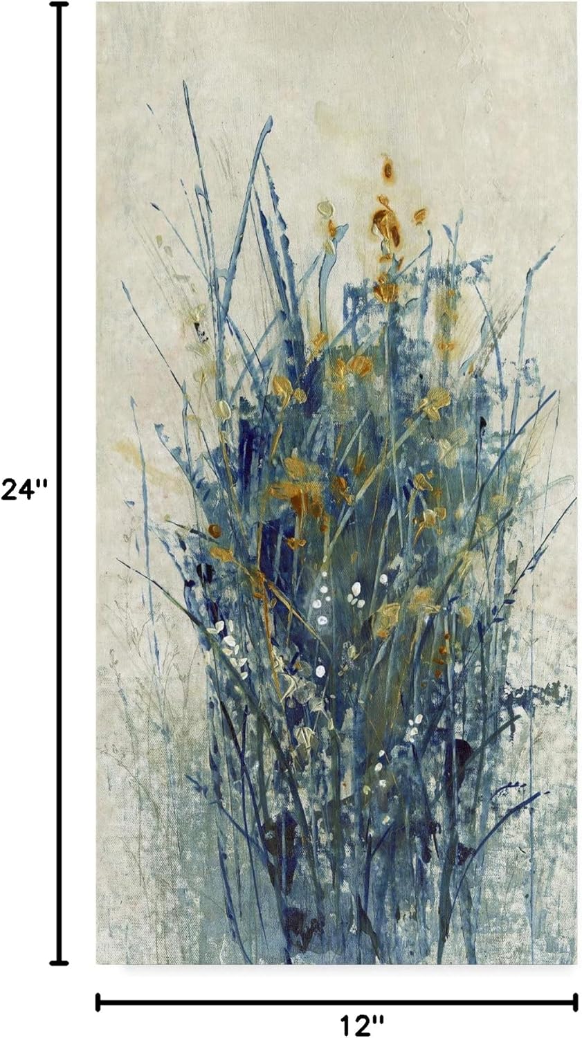 Wrapped Canvas Wall Art - Tim Otoole 'Indigo Floral I' Wall Art for Living Room, Bedroom, or Office Décor - 12x24