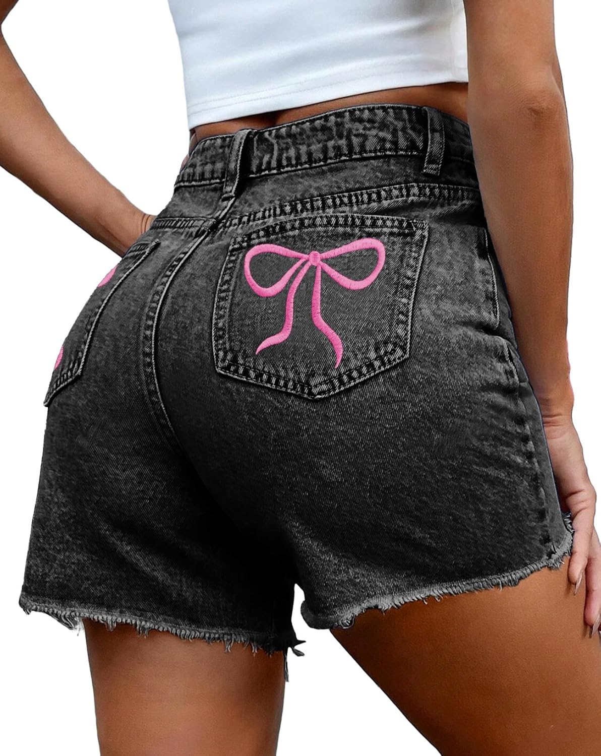 Pink Queen Women's High Waisted Denim Shorts 2026 Casual Star/Bow Frayed Hem Summer Hot Short Jeans with Pockets