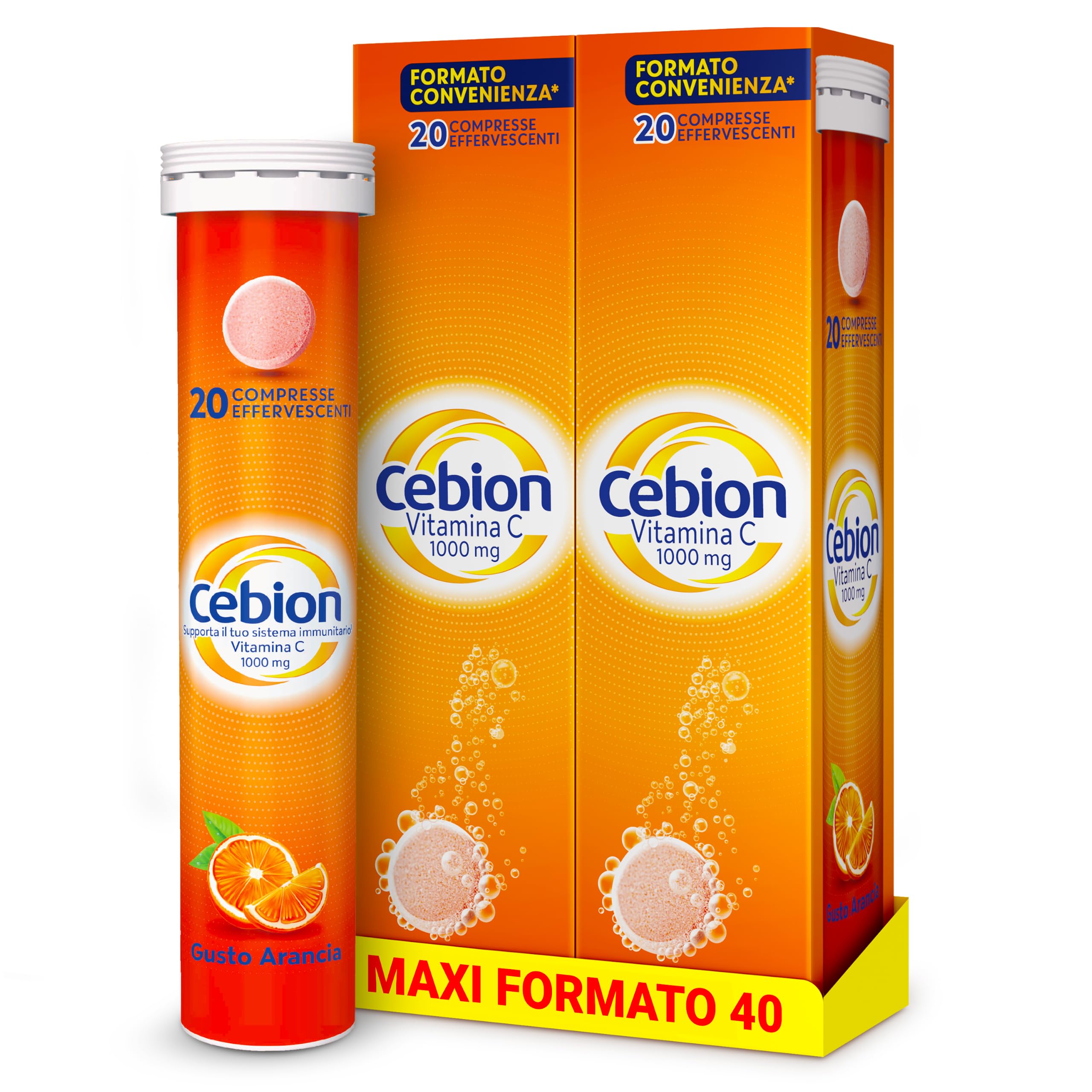 Cebion Vitamina C 1000 mg Effervescente Arancia,Supporta il Sistema Immunitario1 e il Metabolismo Energetico, 40 Compresse, Integratore Alimentare